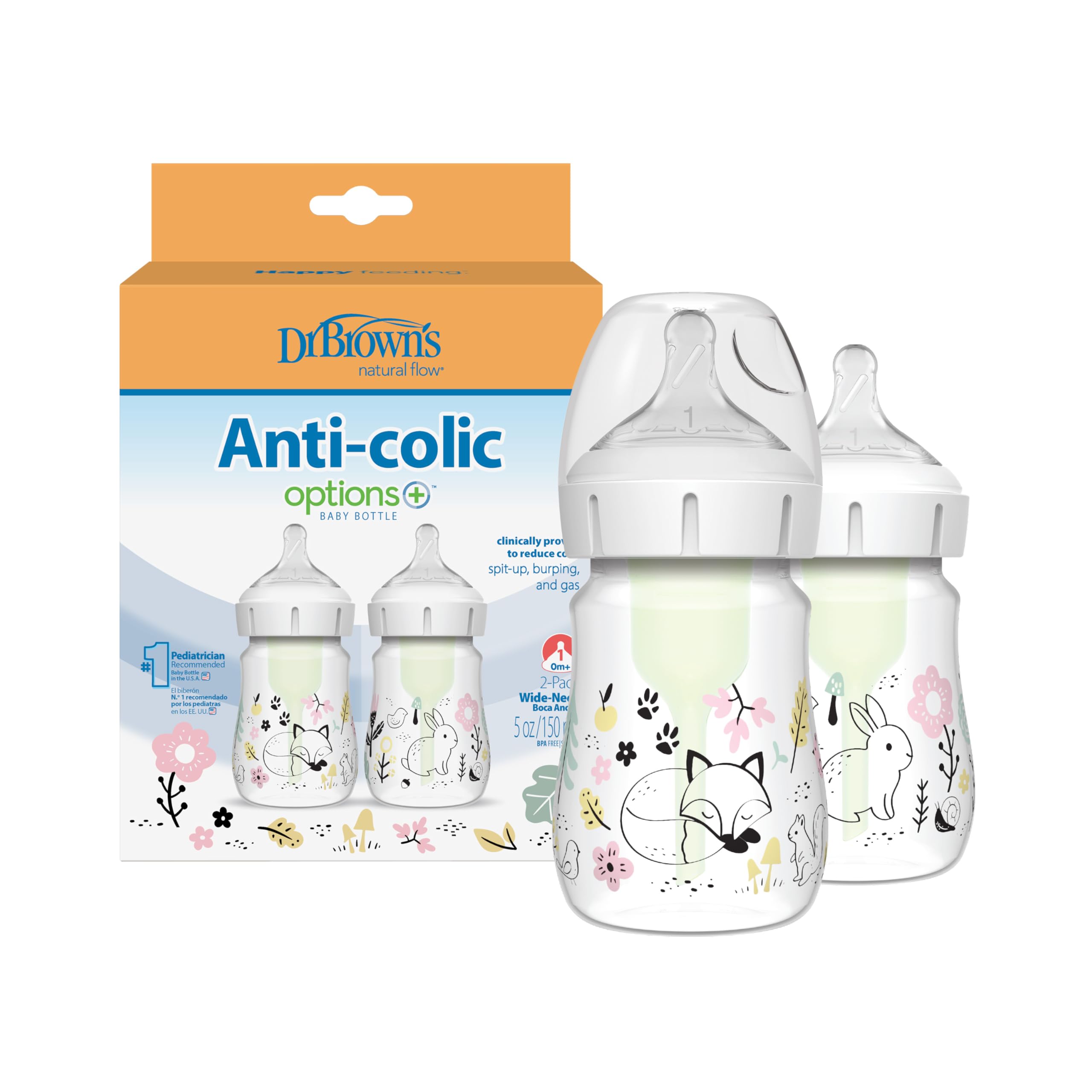 رضّاعات Dr. Brown's Natural Flow Anti-Colic Options+ ذات الرقبة العريضة بتصميم خاص، برسومات غابات، سعة 5 أونصة/150 مل، حلمة مستوى 1، عبوة من قطعتين، 0 شهر فأكثر.