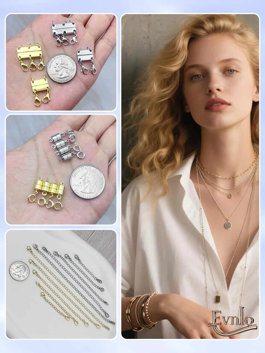 Evnlo Multi Necklace Layering Clasp and Chain Extender and Magnetic Jewelry Clasp Set, Gold and Silver Multiple Styles Necklace Extenders for Women