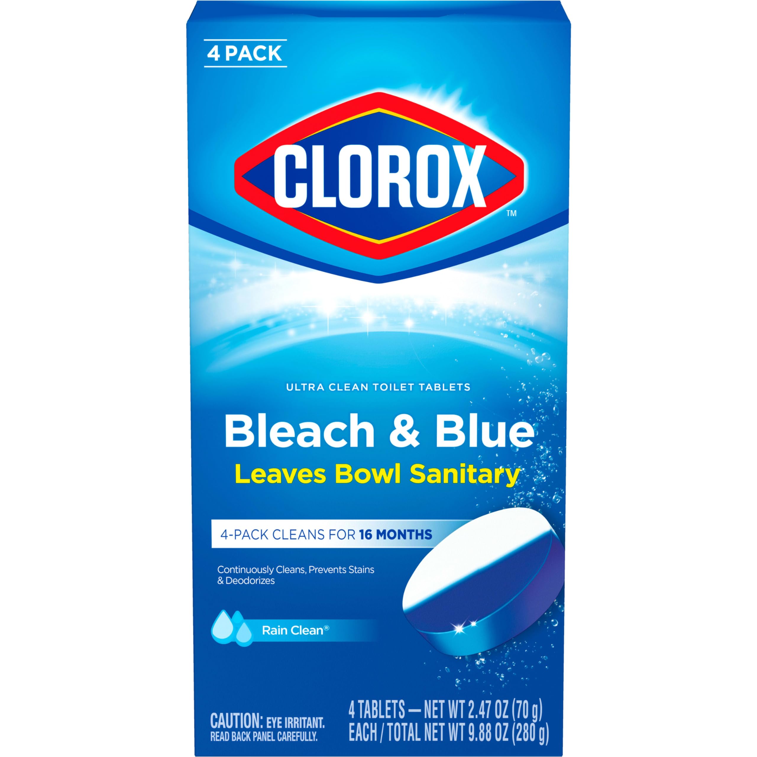 CLOROX Ultra Clean Toilet Tablets Bleach & Blue, Rain Clean Scent 2.47 Ounces Each, 4 Count (Package May Vary)