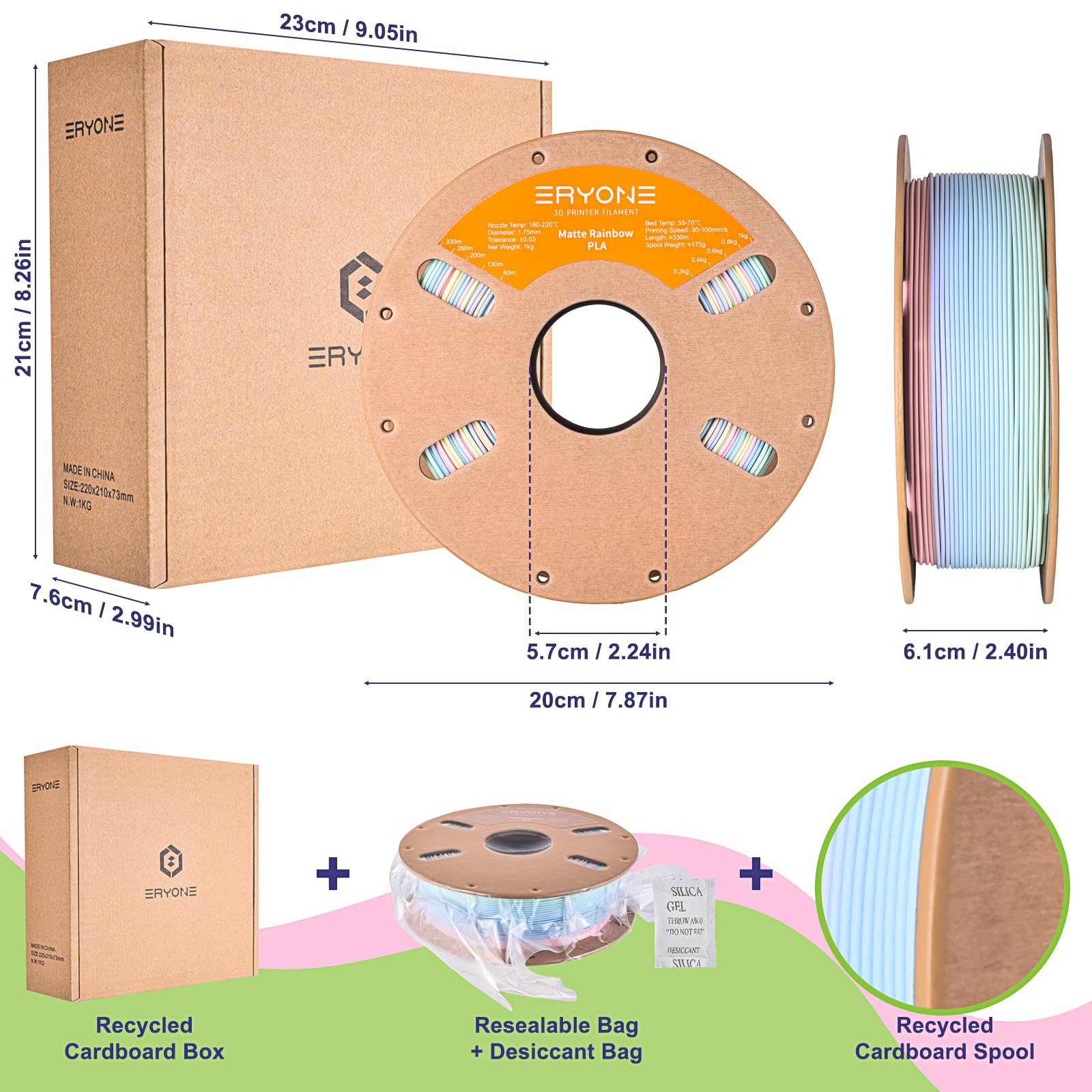 ERYONE Matte Rainbow 3D Printer PLA Filament 1.75 +/- 0.03mm, Matte Muticolor Filament PLA 1KG(2.2LBS) Spool, Matte Macaron Rainbow