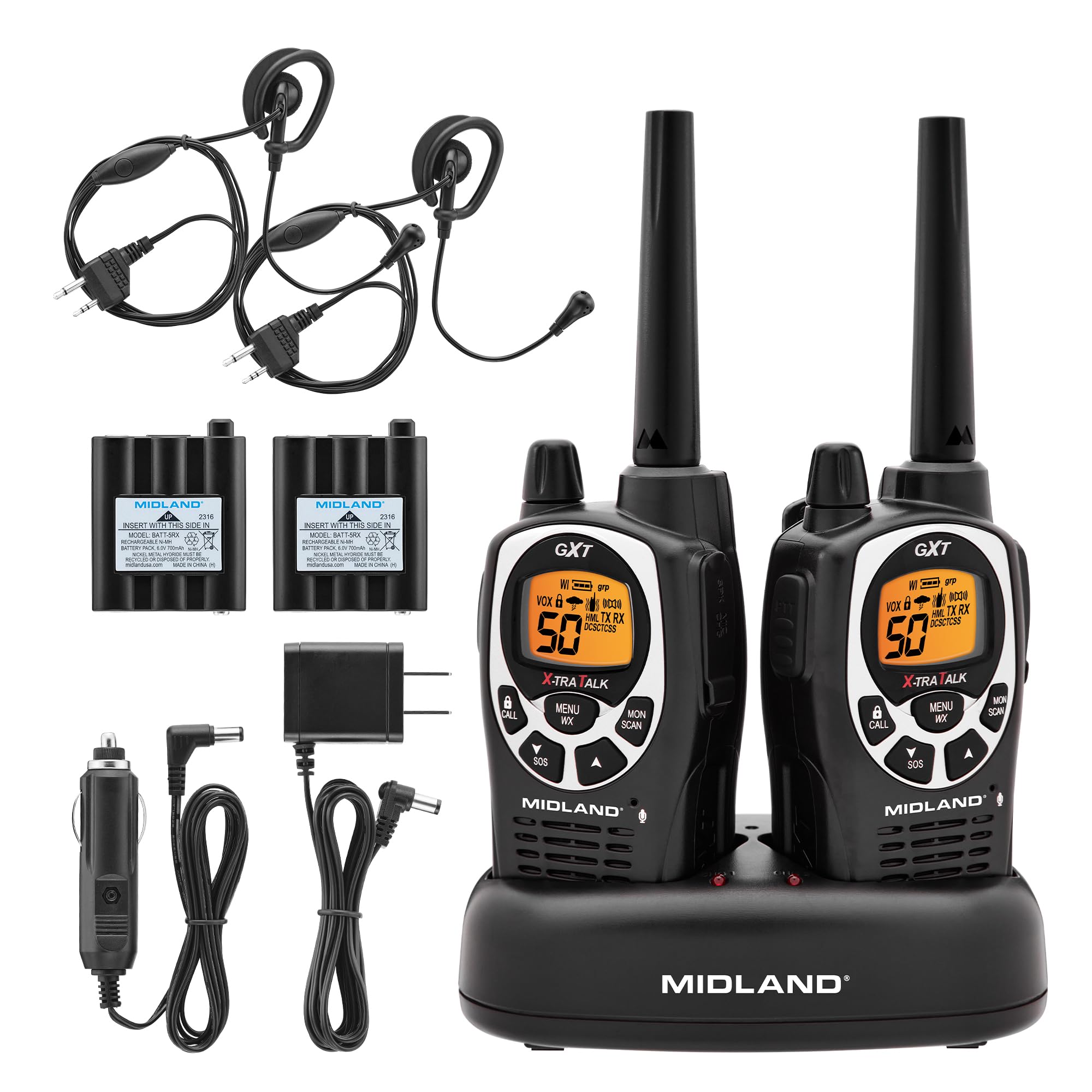 Midland GXT1000VP4 GMRS Two-Way Radio (50-Channel, Long Range, 142 Privacy Codes, SOS, NOAA, Rechargeable Nickle Battery, Black/Silver, 2-Pack)