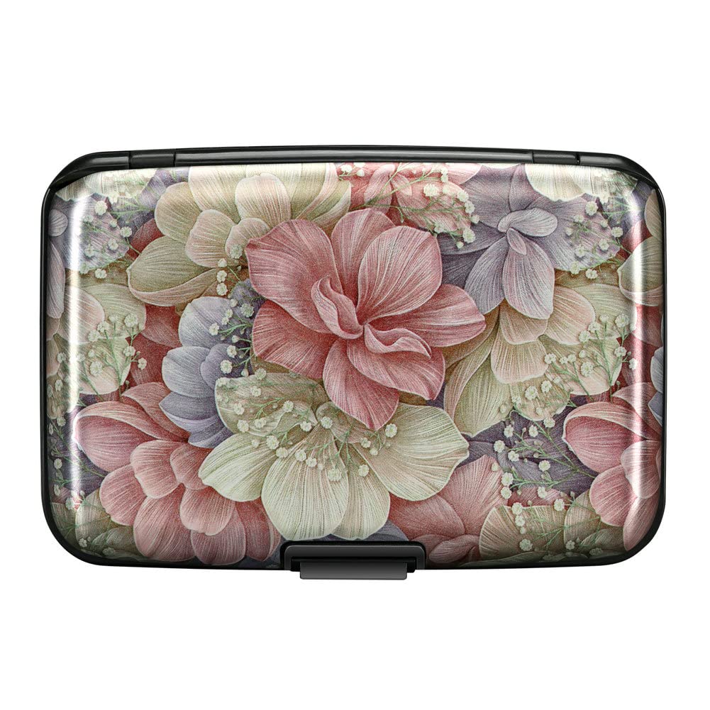 ELFISH Mini RFID Aluminum Wallet Credit Cards Holder Business Card Case Metal ID Case for Men Women（Happy Flower