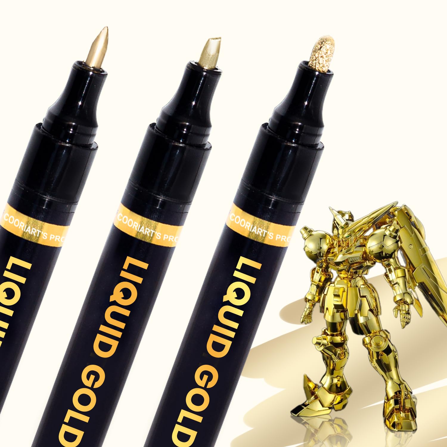 COORIART 3PK Permanent Mirror Chrome Gold Markers - Metallic Gold Paint Pens for Metal, Plastic, Fabric, Jewelry, Model Painting, Touch-Up and Repair Kit, Set of 3 Tips (0.7mm, 1mm, 3mm)