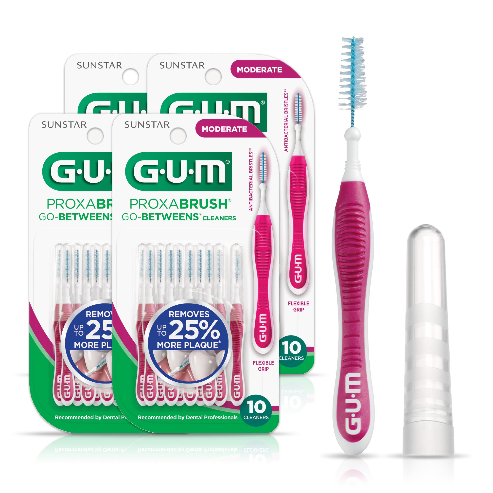GUM Proxabrush Go-Betweens - Moderate - Interdental Brushes - Soft Bristled Dental Picks for Plaque Removal Health - Safe for Braces & Dental Devices, 10 Count (Pack of 4)