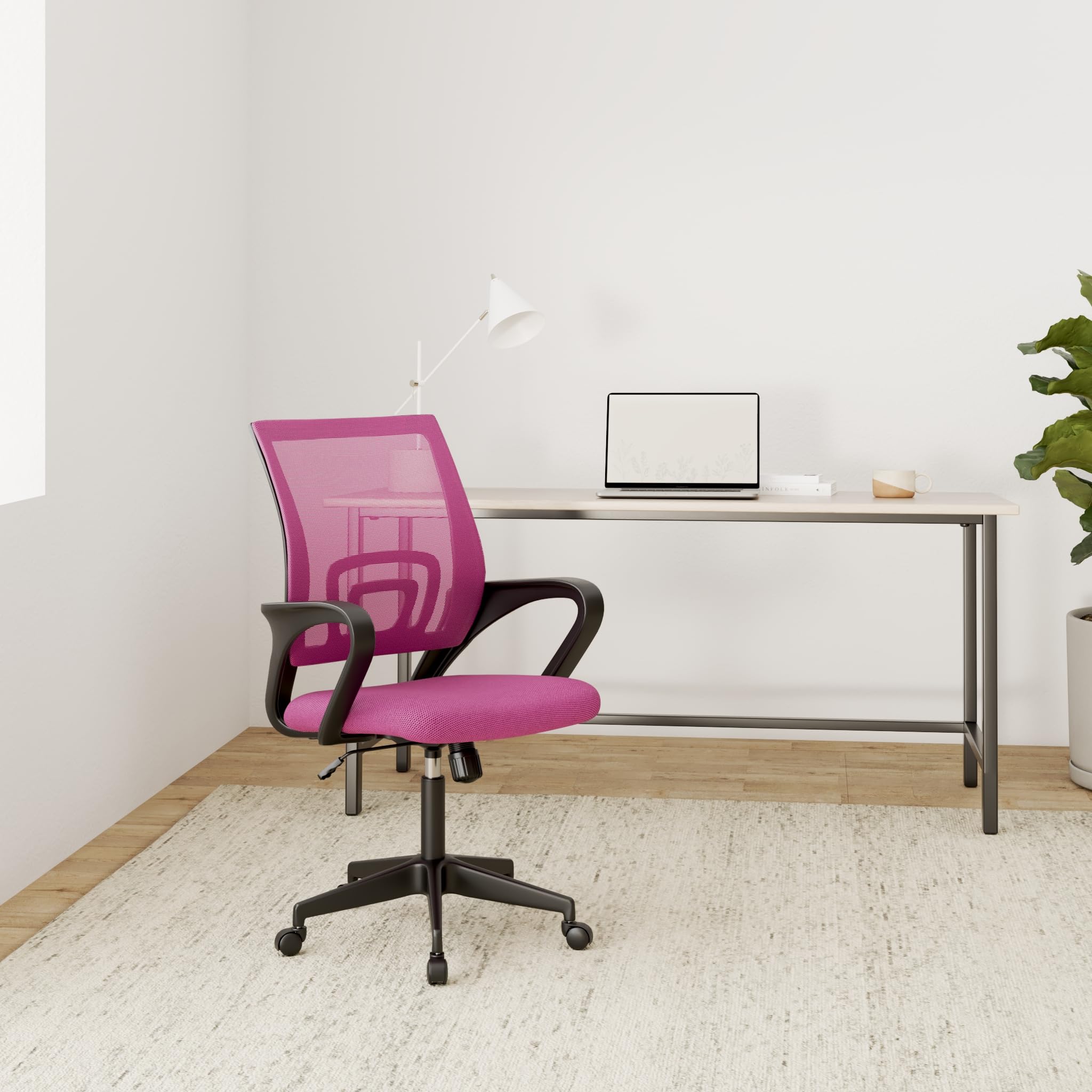 BestOffice | Ergonomic Office Chair | Mid-Back Swivel Desk Chair | Breathable Backrest & Lumbar Support | Adjustable Height | Sponge Seat | Rolling Wheels | Pink | for Adults & Women