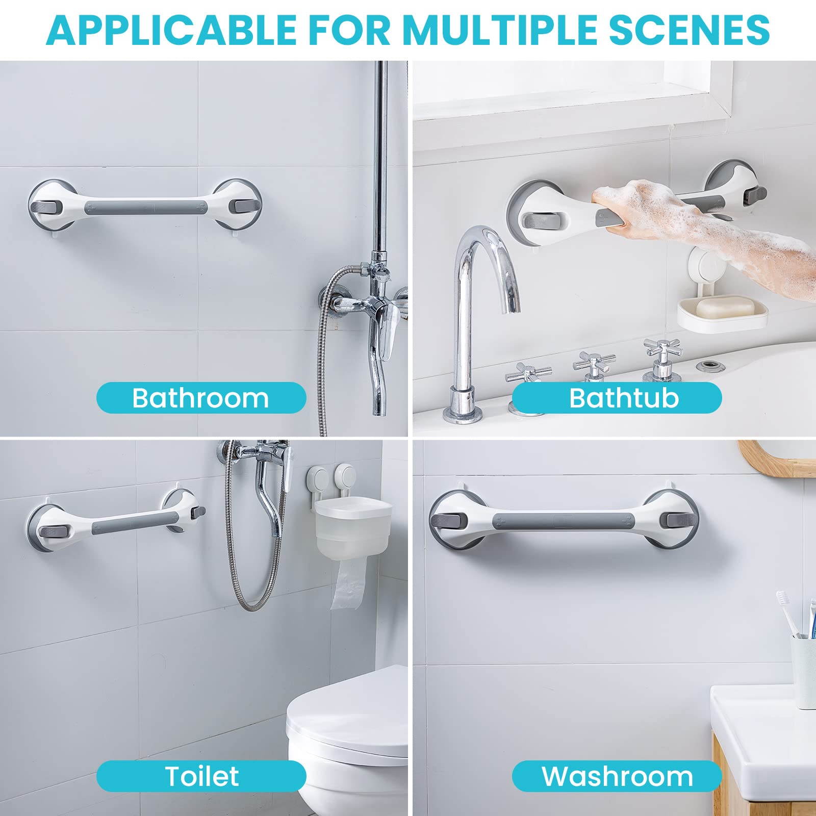 TAILI Grab Bars for Bathtubs and Showers 2 Pack Suction Grab Bar, Heavy Duty Shower Handle Removable Bath Handrails for Seniors and Elderly, Bathroom Safety Grip No Drilling Waterproof,Grey