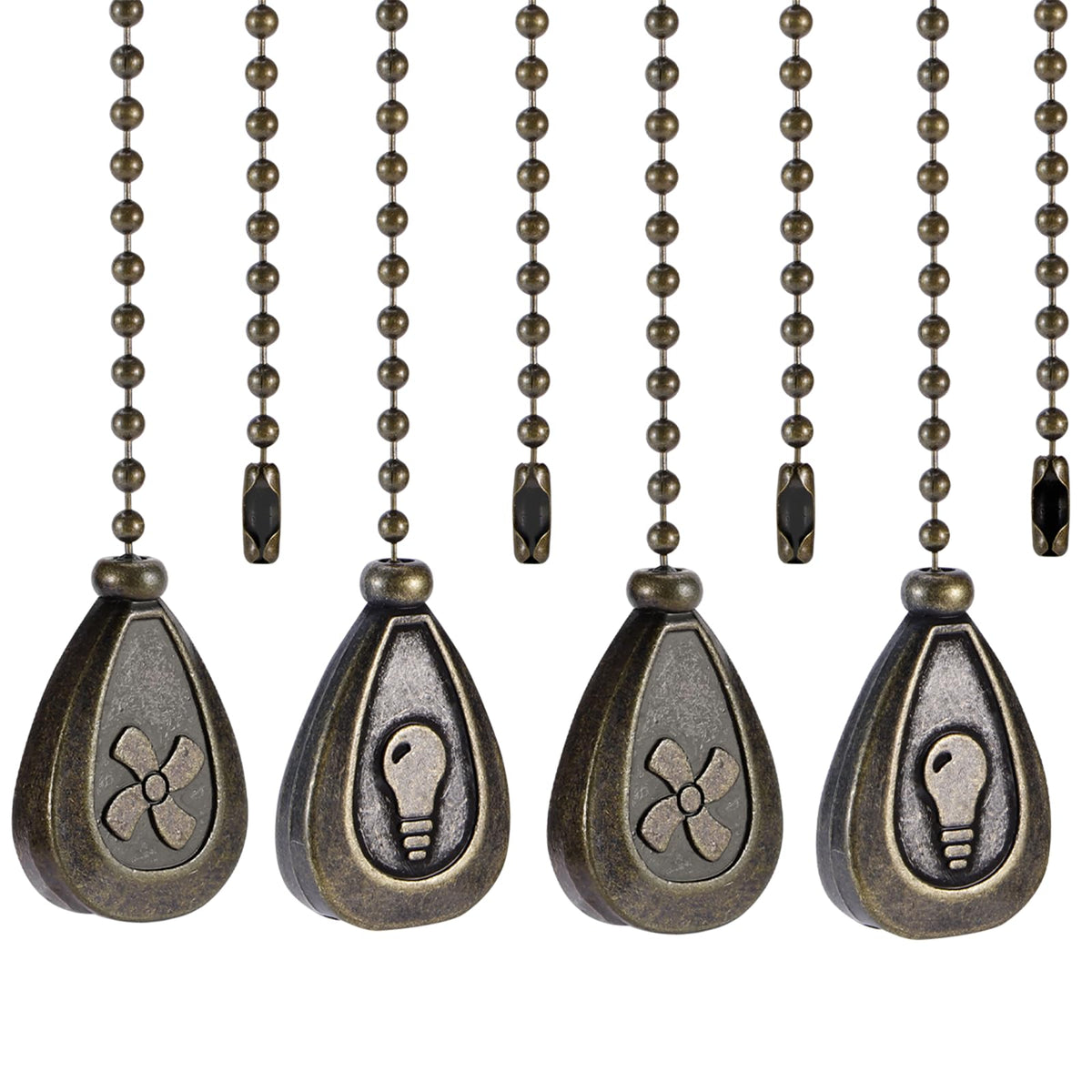 4 Pack Bronzed Ceiling Fan Pull Chain Extension, 12 Inches Classic Drop Shaped Pendant Pull Chains for Ceiling Fans and Lights, Decorative Fan Pulls Extenders with Connector (2 light and 2 fan)