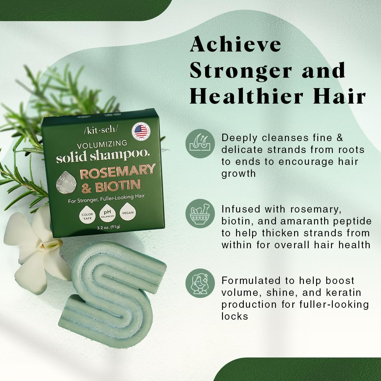 Kitsch Rosemary & Biotin Shampoo Bar - For Hair Growth, Strengthening, Thickening & Volumizing Shampoo for Women and Men - Free of Parabens, Sulfates & Silicones - Made in USA - 3.2 oz