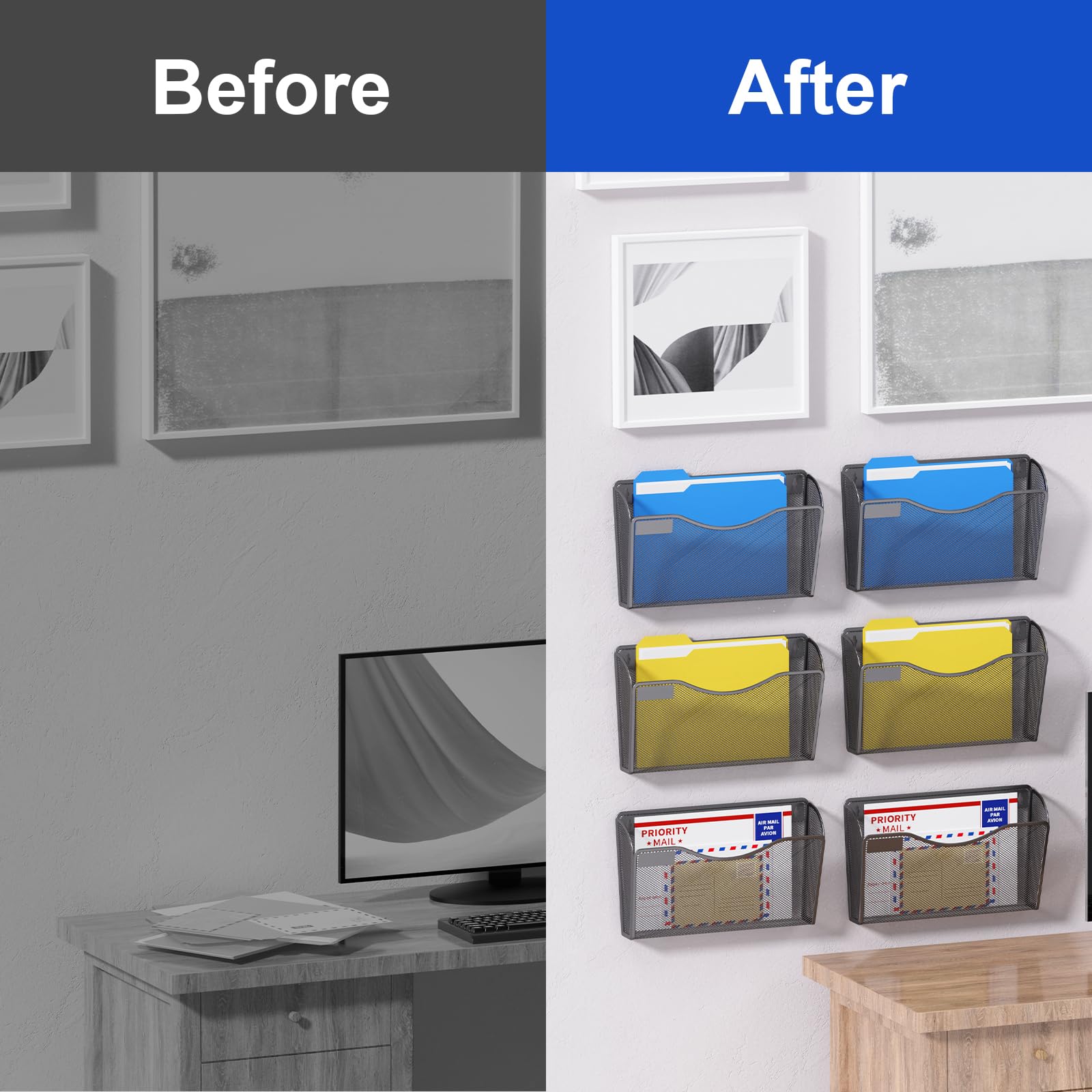 samstar 6 Pack Mesh Wall Mounted File Holder Metal Wall File Pocket Mail Organizer for Office/Home(with Label Panel)