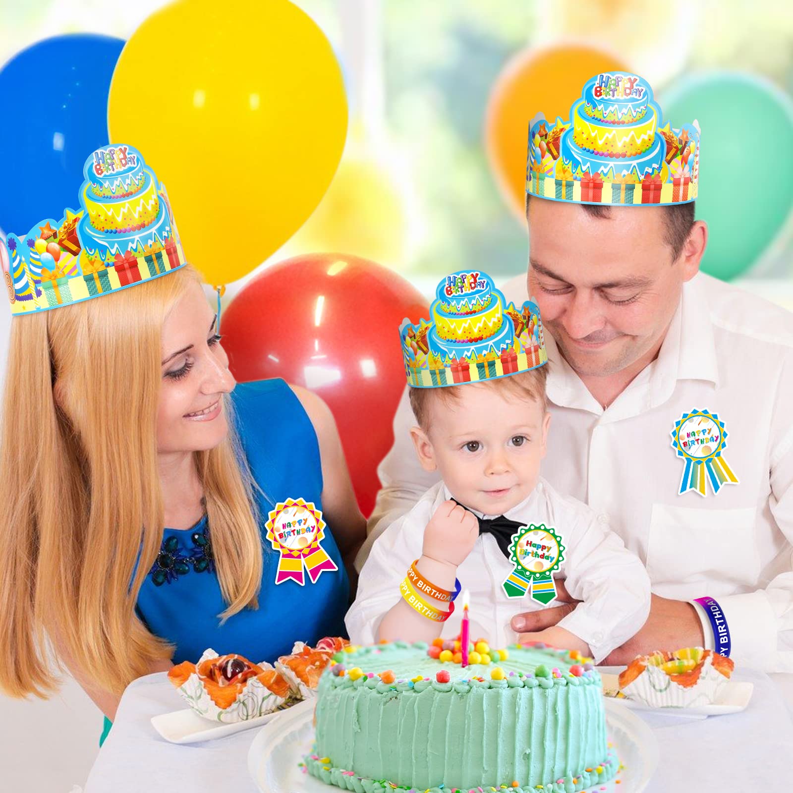90 Pcs Happy Birthday Kits for Kids Classroom, Include Happy Birthday Crowns, Silicone Stretches, Badge Stickers, Students Kindergarten Birthday Party Hats for School Teacher Classroom Party Supplies
