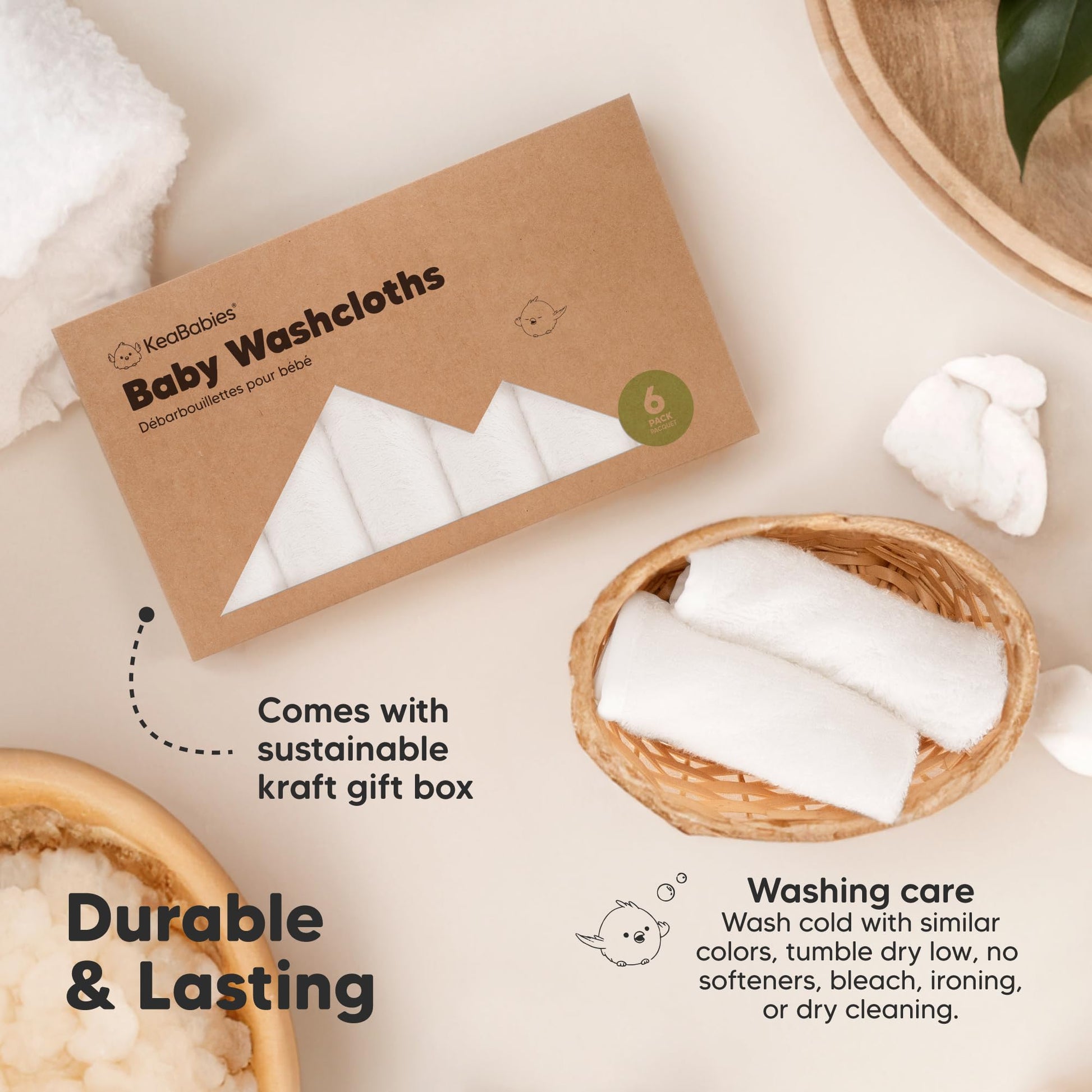 6-Pack Soft Baby Washcloths, Viscose from Bamboo - Kids, Newborn Bath Towels, Infant Shower, Toddler Reusable Face Towel, Gentle on Skin, Face Wash Cloths for Babies, 10x10 (White)