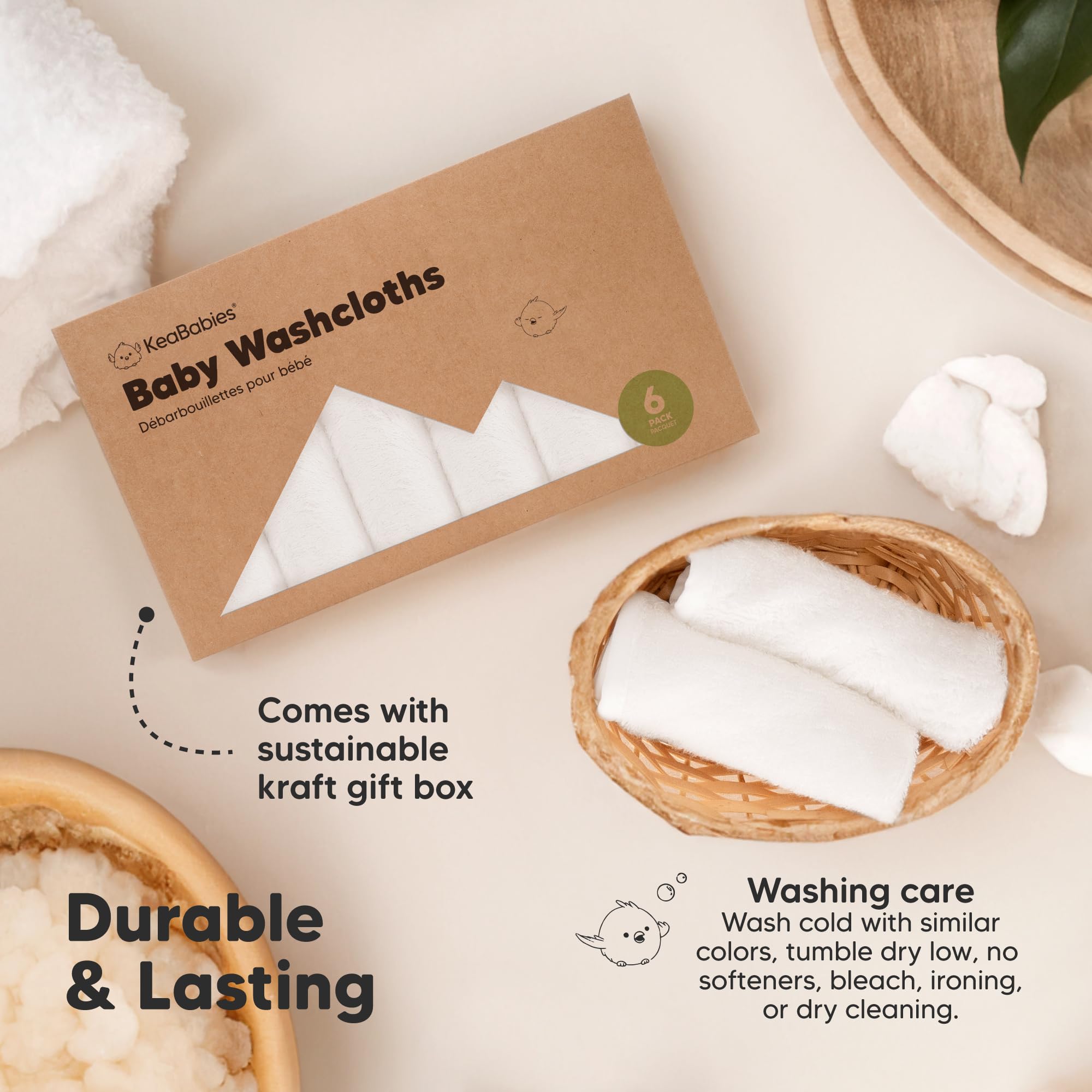 6-Pack Soft Baby Washcloths, Viscose from Bamboo - Kids, Newborn Bath Towels, Infant Shower, Toddler Reusable Face Towel, Gentle on Skin, Face Wash Cloths for Babies, 10x10 (White)