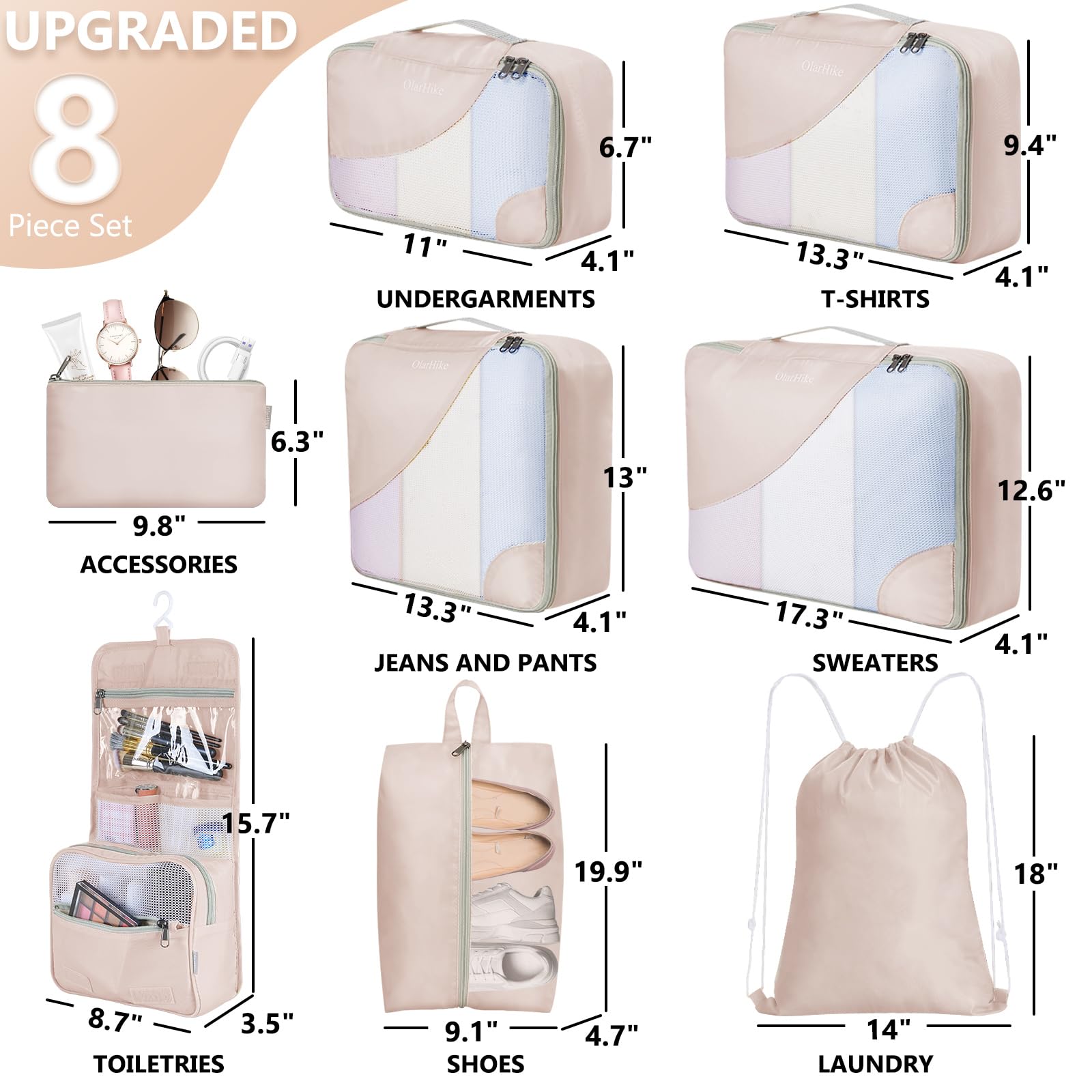 10 Set/8 Set Packing Cubes for Travel, Gifts for Women Mom,Anti-Tearing Suitcase Organizer for Luggage with Shoe & Hanging Toiletry Bag,OlarHike Vacation Essentials & Accessories for Cruise Ship,Cream