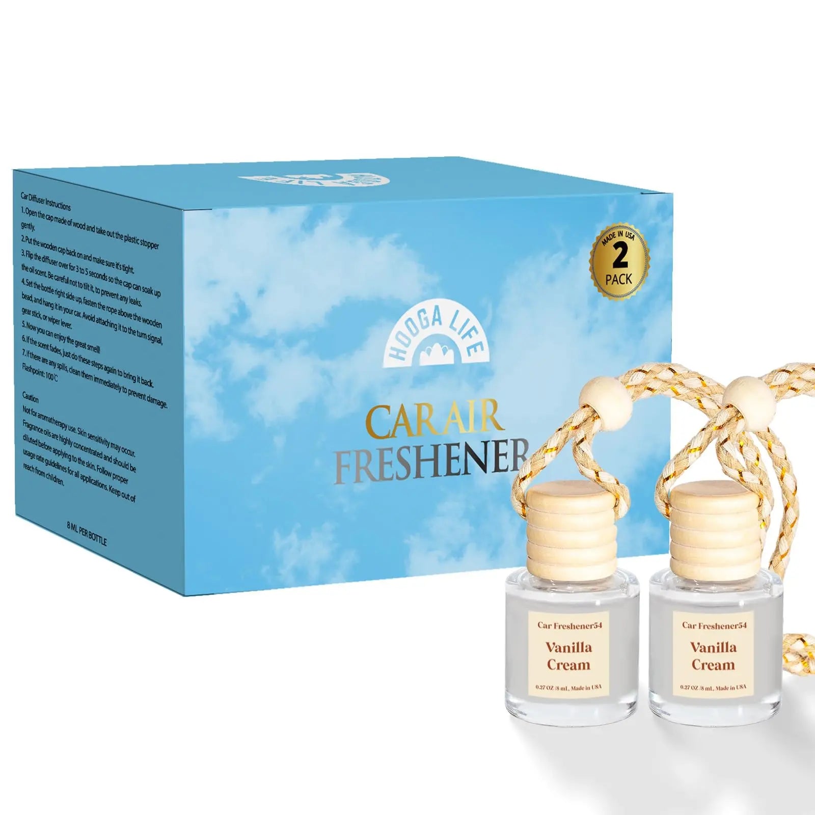 HoogaLife Car Air Freshener Diffuser 2 Pack Hanging Air Freshener Diffuser - Vanilla Cream Fragrance Oil Air D iffuser for Car, 45+ days Long Lasting Fragrance Made in USA C ar Air Fresheners (V54)