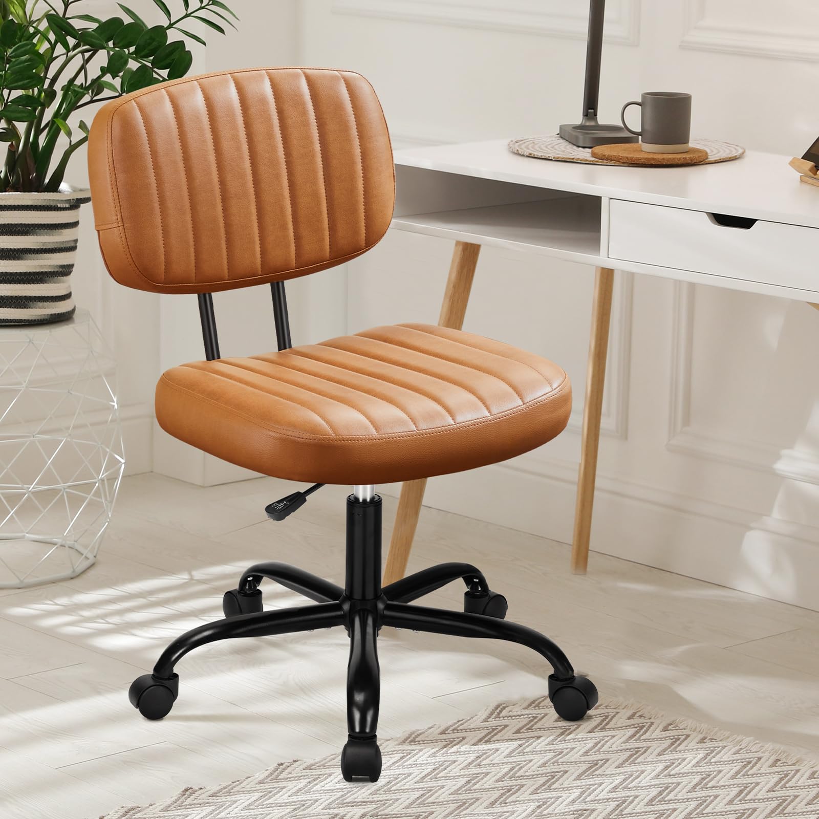 DUMOS Armless Home Office Desk Chair -Small Ergonomic with Low Back Lumbar Support, Height Adjustable PU Leather Computer Task with 360 degrees Swivel Rolling Wheels, for Small Space, Brown