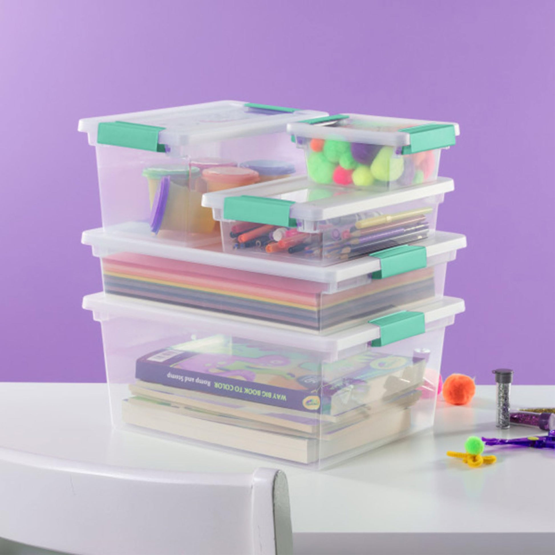Sterilite 6-Pack Clip Box, Stackable Clear Plastic Bins with Latching Lids, Large - Writing, Arts or Crafts Supplies Storage Containers for Home, Office, Classroom and Workshop Organization