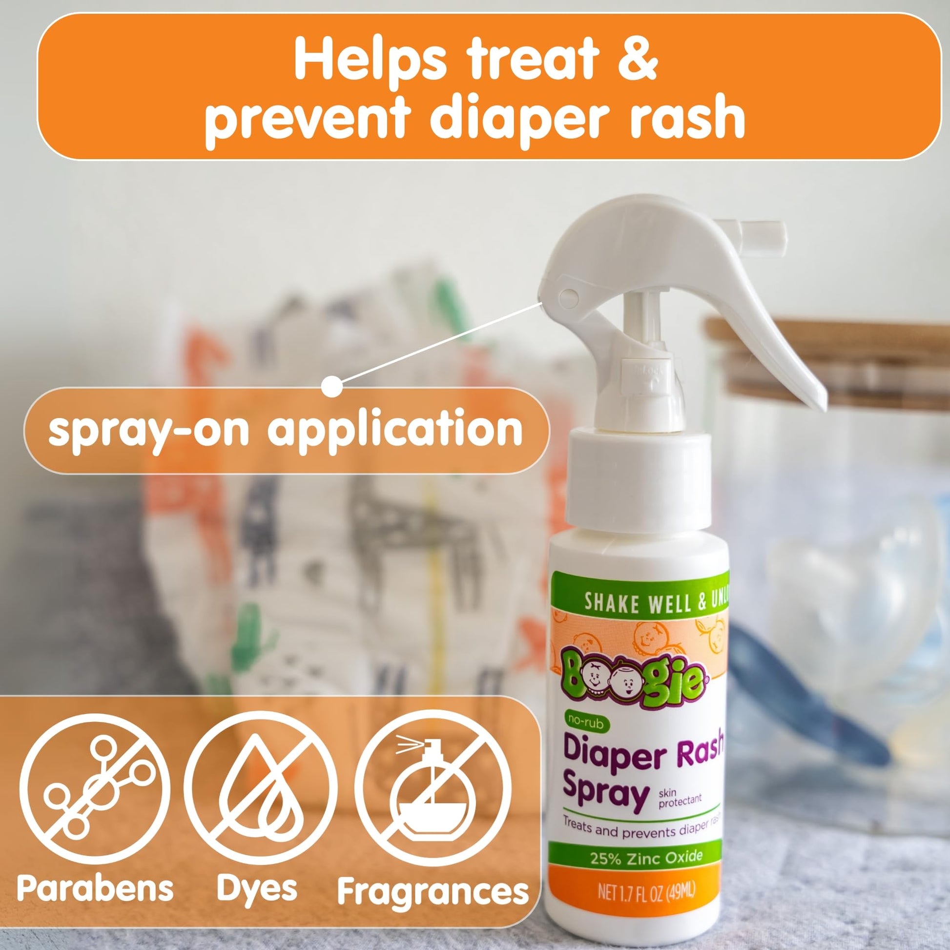 Boogie Diaper Rash Cream Spray for Baby, Travel Friendly No-Rub Touch Free Application for Sensitive Skin, Over 200 Sprays per Bottle, 1.7 oz (Pack of 1)