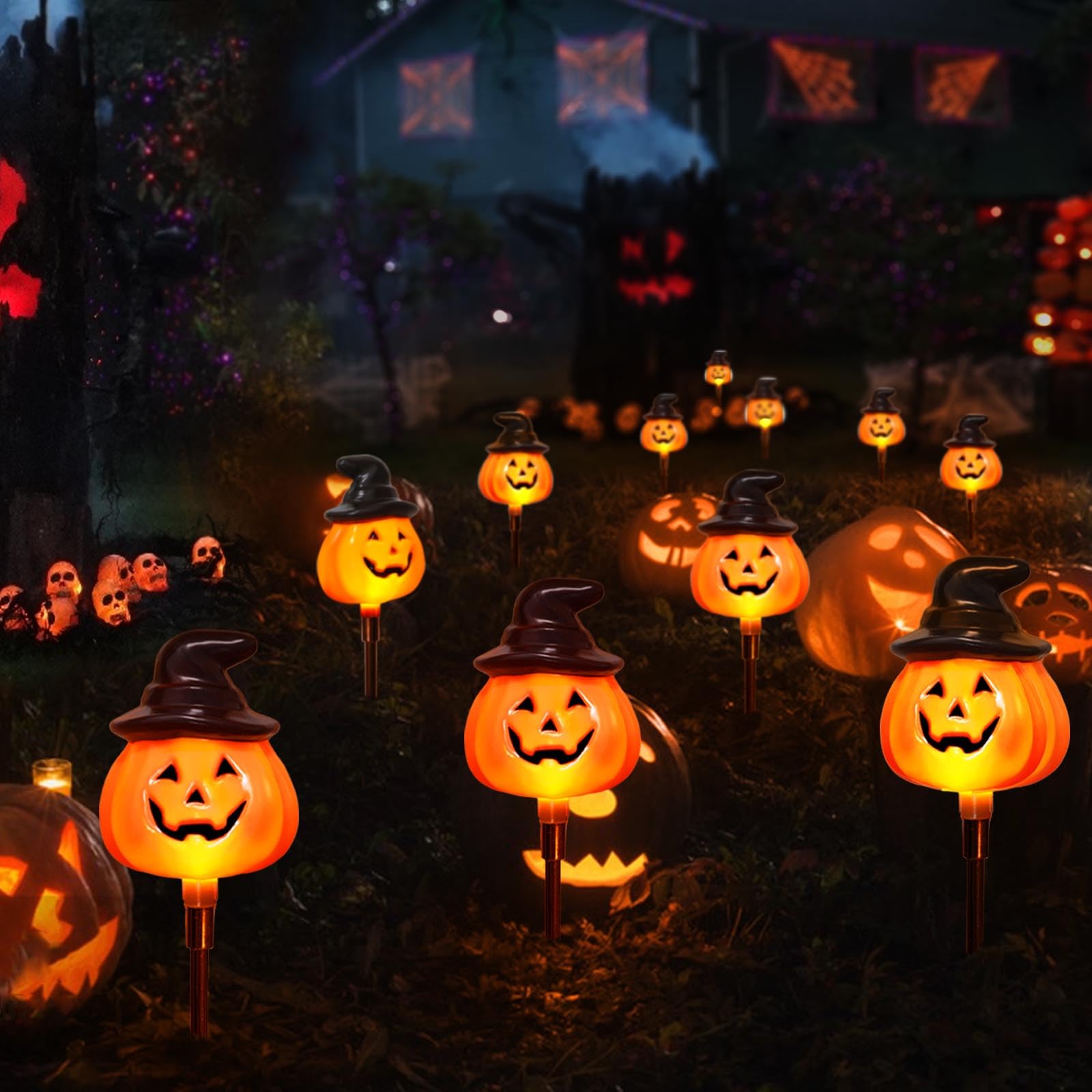 6 Pack Solar Jack O Lantern Stake String Lights - Orange Halloween Pathway Decor for Outdoor Halloween Yard Display