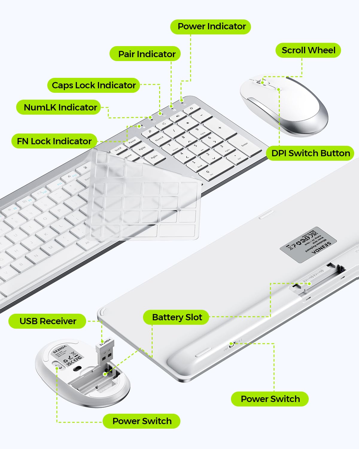 Wireless Keyboard and Mouse Combo - Full Size Slim Thin Wireless Keyboard Mouse with Numeric Keypad 2.4G Stable Connection Adjustable DPI (White & Silver)