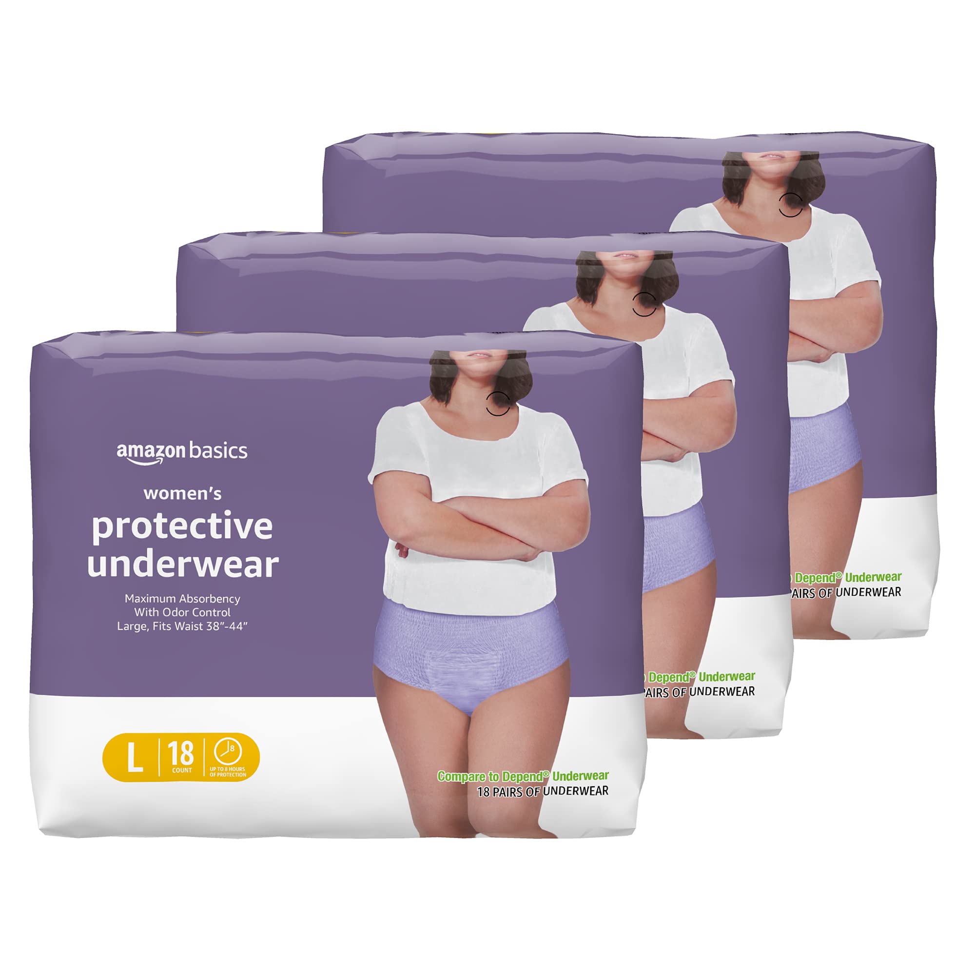 Amazon Basics Incontinence Underwear for Women, Protective, Disposable, Postpartum, Maximum Absorbency, Large, Lavender, 54 Count (3 Packs of 18)