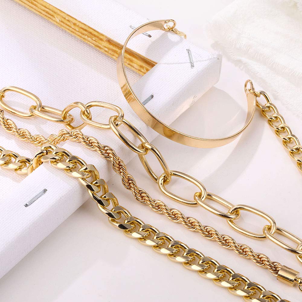 IFKM Gold Bracelets for Women, 14K Gold Plated Dainty Layered Chain Bracelets Adjustable Cute Bangle Link Bracelet Set (4 PCS Gold Plated)