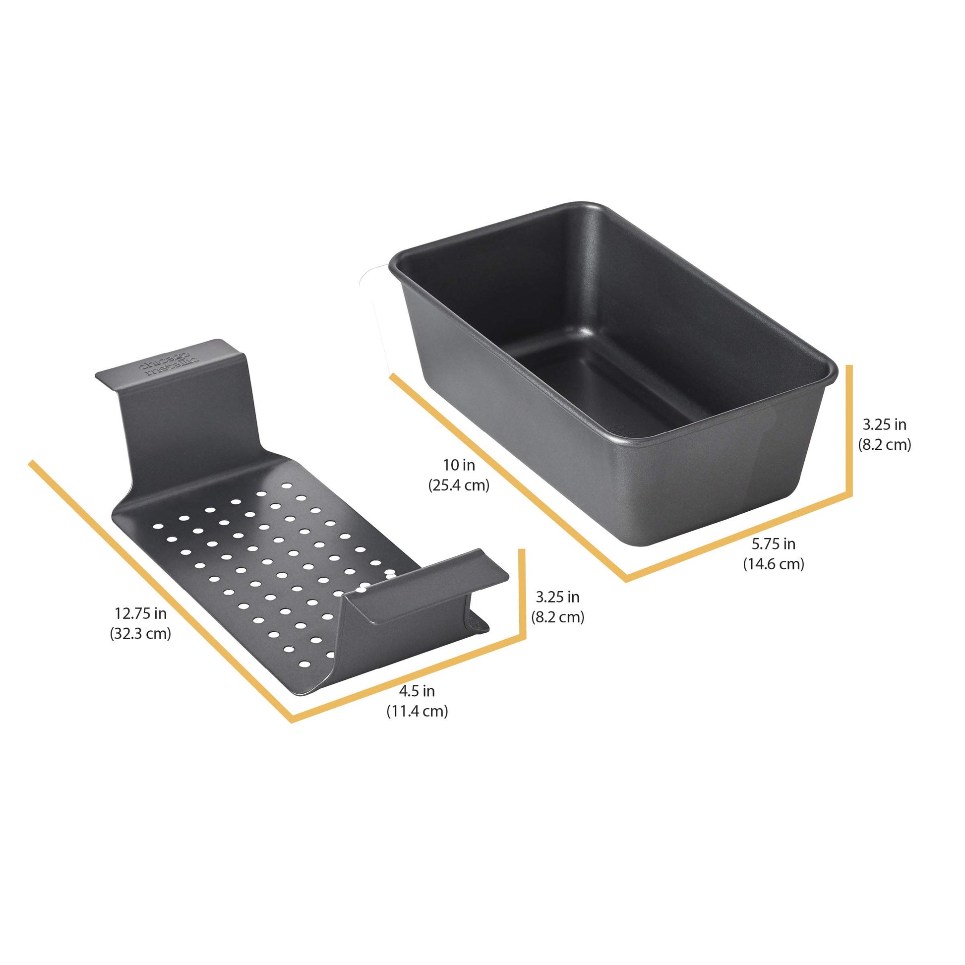 Chicago Metallic 2-Piece Healthy Meatloaf Pan with Draining Insert Professional Grade Non-Stick Carbon Steel Baking Pan with Lift and Serve Feature, 12.2 inch, Grey