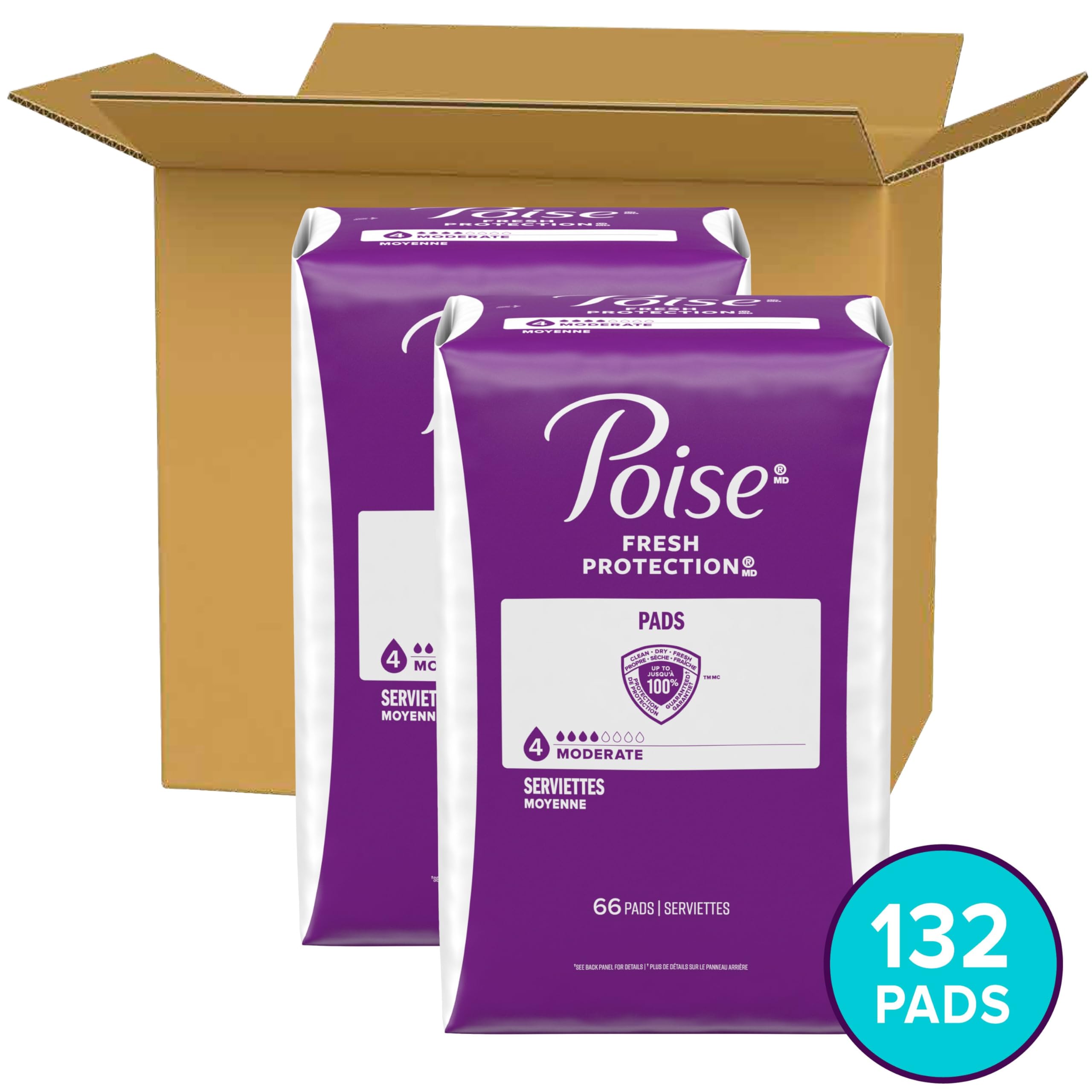Poise Incontinence & Postpartum Pads for Bladder Leaks, 4 Drop Moderate Absorbency, Regular Length, 132 Count, Packaging May Vary