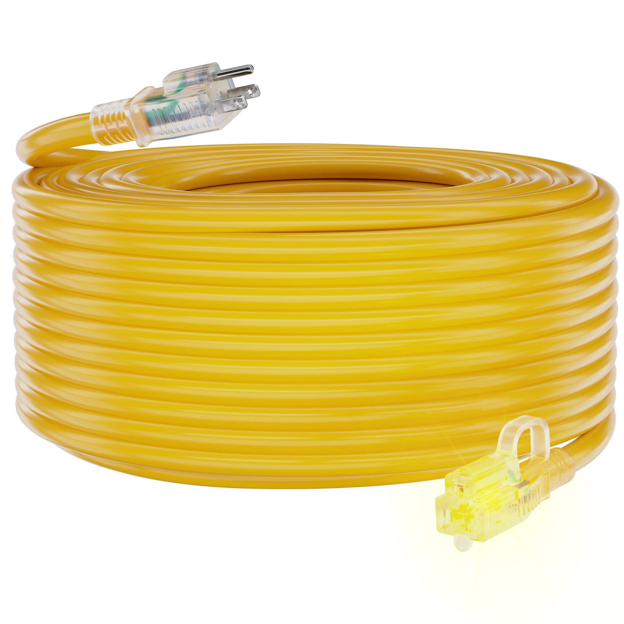 HUANCHAIN 12/3 Gauge Heavy Duty Outdoor Extension Cord 100 ft Waterproof with Lighted end, Flexible Cold-Resistant 3 Prong Electric Cord Outside, 15Amp 1875W 12AWG SJTW, Yellow, ETL