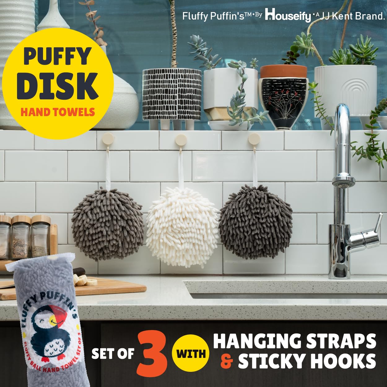JJ KENT Fluffy Puffins Microfiber Hand Towels - Set of 3 Fluffy Hand Towels with Wall Hook Attachment - Quick and Easy Hand Drying Puffs