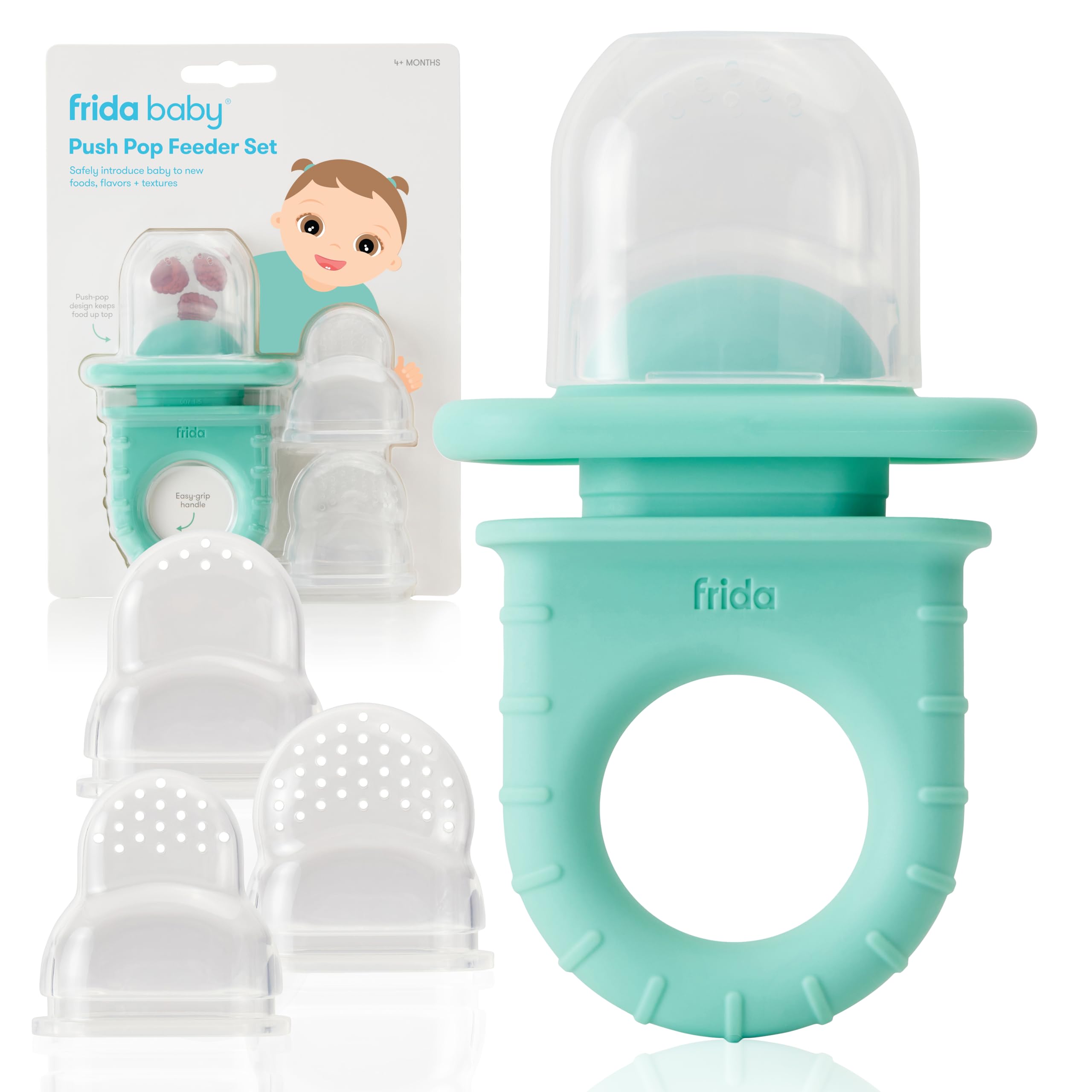 Frida Baby Push Pop Feeder, Baby Fruit Food Feeder to Safely Introduce New Foods, Fresh + Frozen, Silicone, BPA Free, Dishwasher Safe | 3 Count, Teal