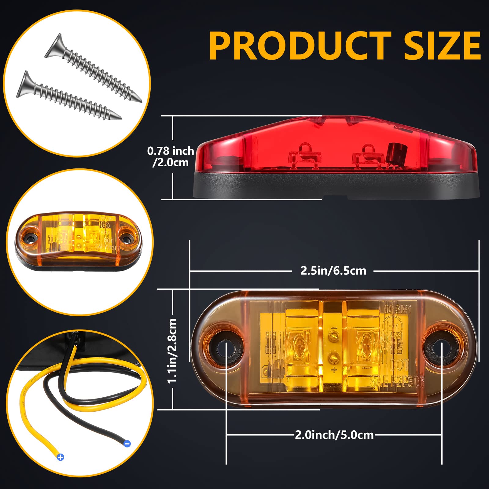 Tallew 10 Pcs 2.5 Inch LED Trailer Lights 2 Diode Waterproof LED Trailer Side Marker Oval Signal Running Lights for Truck Boat Rv(Amber, Red)