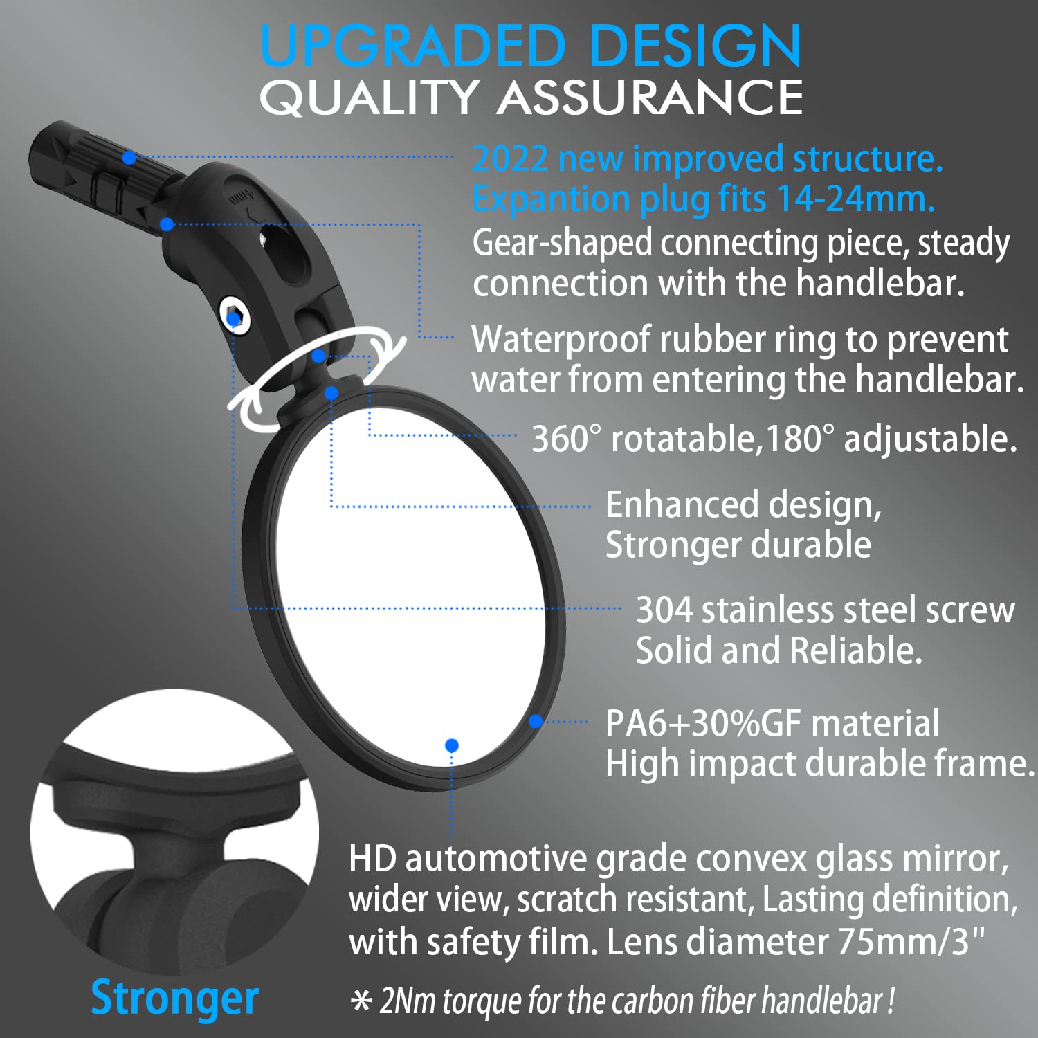 BriskMore Black Convex Rearview Mirrors, 2PCS Adjustable Handlebar Bicycle Mirrors for Road, Mountain, Scooter Bikes