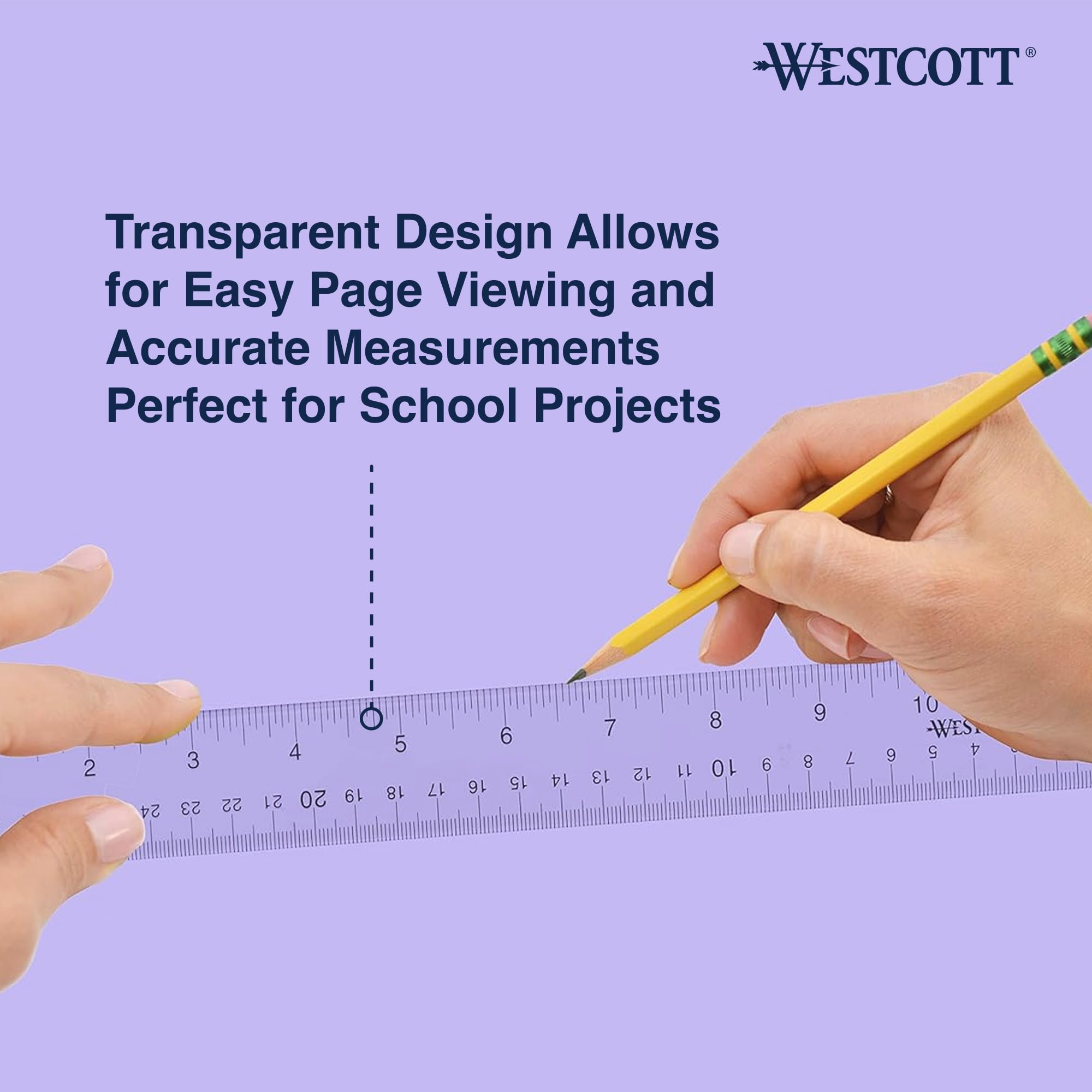Westcott Acrylic Clear Ruler, Easy-to-Read Markings, Scratch-Resistant Design, Raised Beveled Edges, for Crafting, Office, Classroom, Back to School, School Supplies, 12-Inch