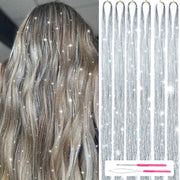 MISSUHUI Haar-Lametta-Set mit Werkzeugen 120 cm 1200 Strähnen Glitzer-Lametta-Haarverlängerungen Funkelndes Glänzendes Haar-Lametta-Strähnen-Set Hitzebeständig für Frauen Mädchen 6 Stück (Silber)