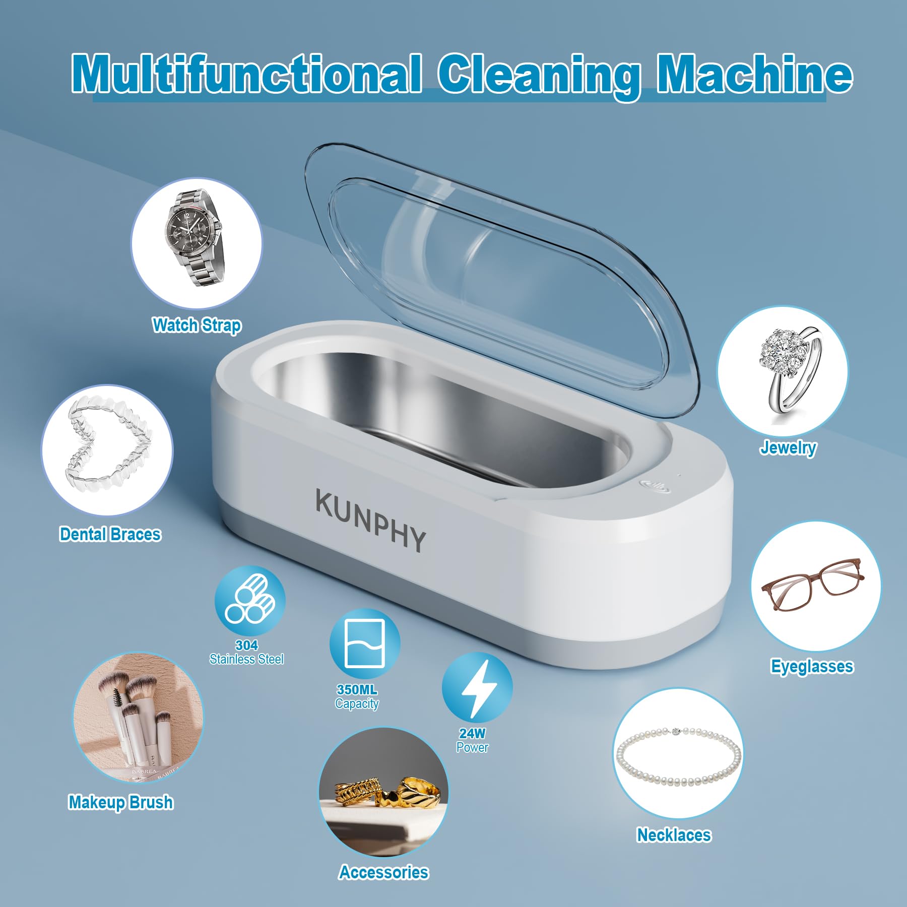KUNPHY Ultrasonic Jewelry Cleaner, Jewelry Cleaner Machine 12oz 46KHz, Professional Sonic Cleaner with One-Touch Operation, Sonic Cleaner for Rings, Glasses, Jewelry, Dentures White
