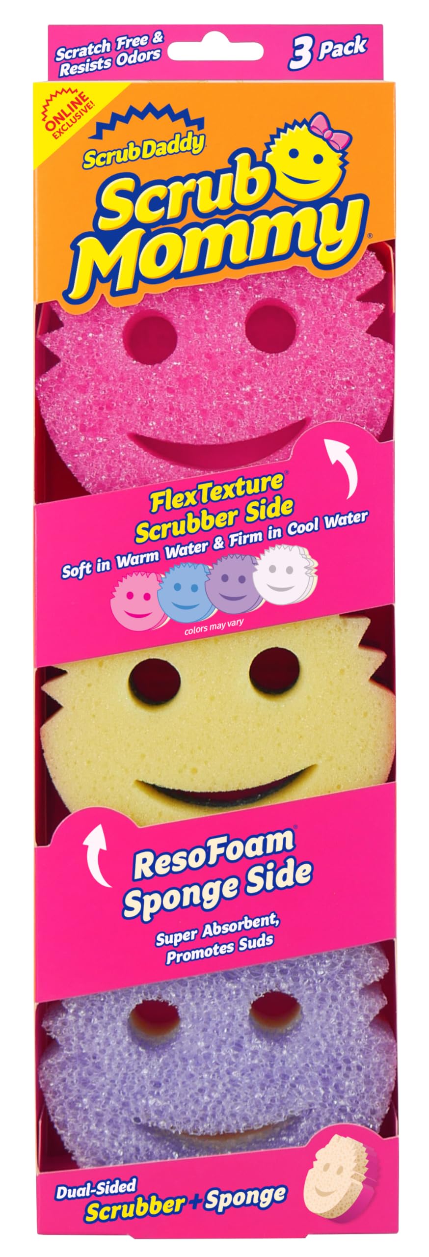 Scrub Daddy Scrub Mommy Schwämme – Geschirrschrubber + kratzfreie Reinigungsschwämme Küche, Bad + sichere Reinigung auf mehreren Oberflächen – doppelseitige Geschirrschwämme zum Schrubben – Online-Exklusiv (3 Stück)