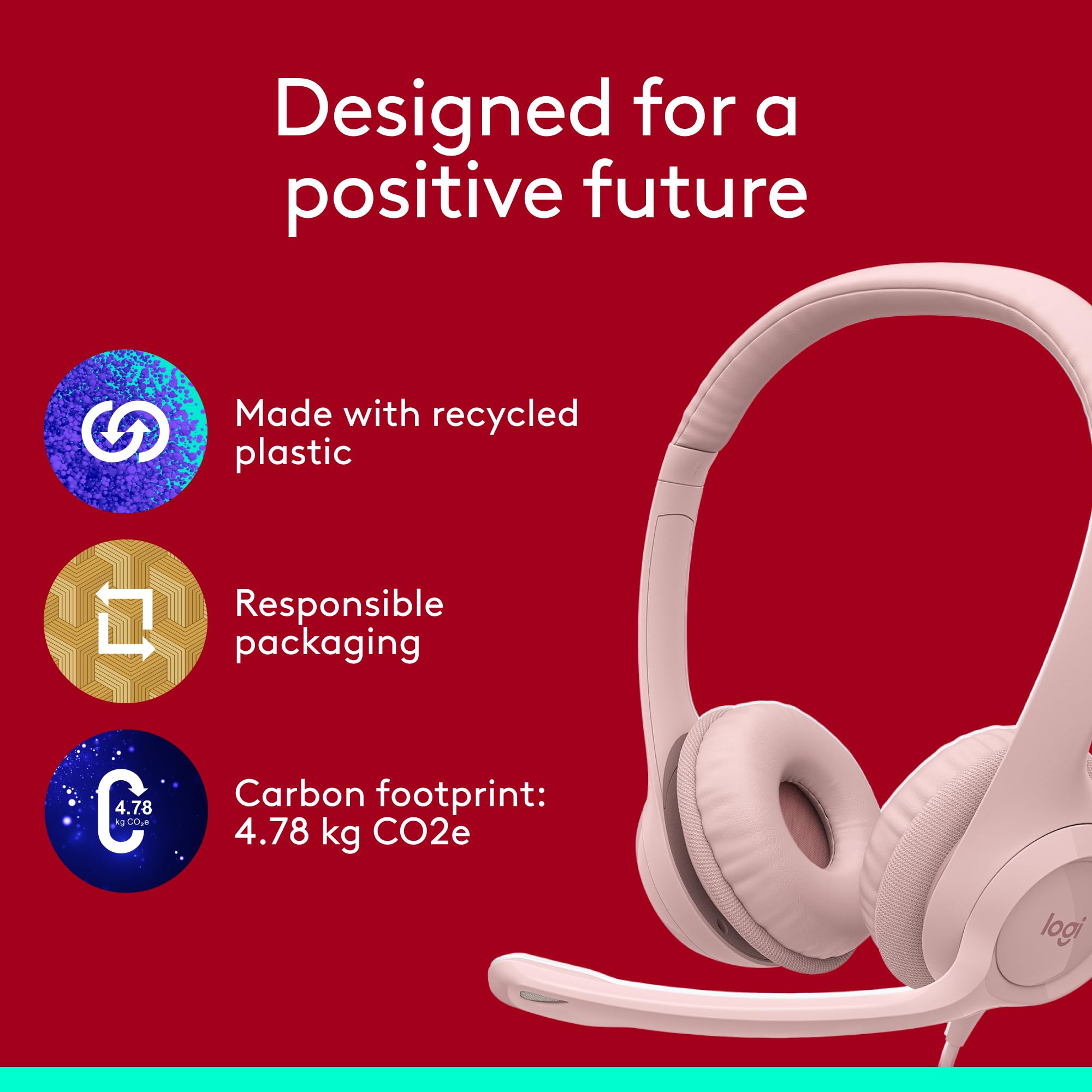 Logitech H390 Gaming Headphones, Wired Headphones with Mic, USB Headset with Microphone for PC, Noise Cancelling Microphone for Video Meetings, Music, Gaming - Rose