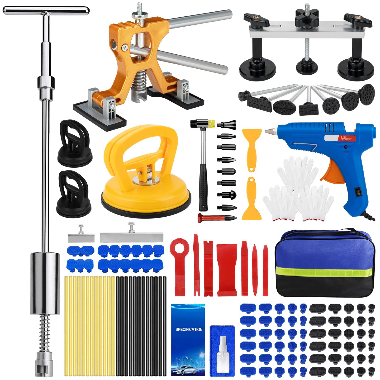 Car Dent Puller Kit, 135 PCS Paintless Dent Removal Kit, Car Dent Repair Kit with Slide Hammer 2 in 1 T-bar, Golden Lifter, Bridge Puller, Suction Cup, Dent Remover Tool for Car Hail Damage DIY Repair