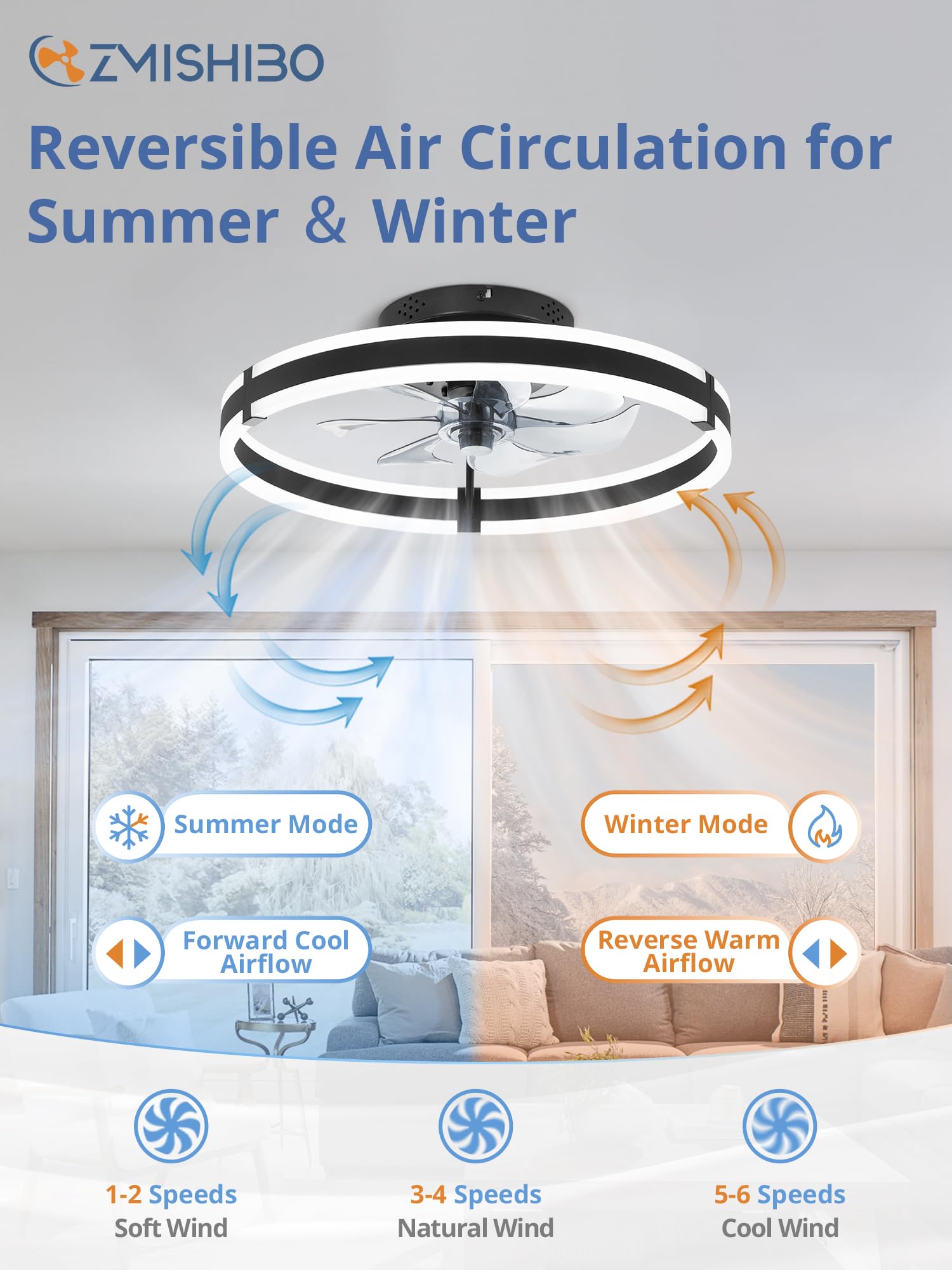 ZMISHIBO Ceiling Fans with Lights and Remote, 19.7'' Low Profile Ceiling Fan, 3000-6000K Dimmable Modern Flush Mount LED Fan Light, 6 Wind Speeds, Black Fandelier Ceiling Fans for Bedroom