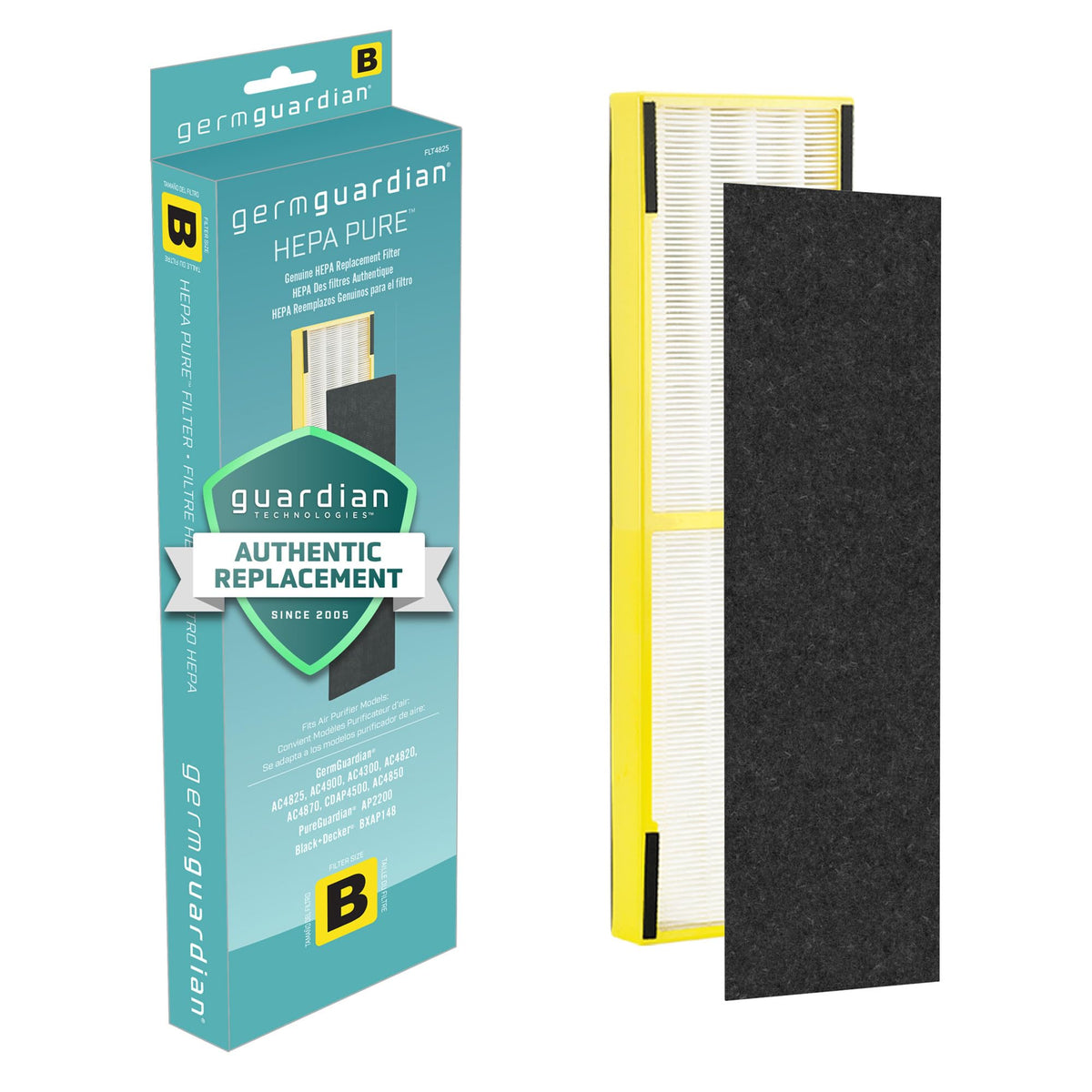 GermGuardian Filter B HEPA Pure Genuine Air Purifier Filter, Removes 99.97% of Pollutants, Wildfire Smoke, Odors, for AC4825, AC4300, AC4850, AC4880, AC4900, CDAP4500, AP2200, Black/Yellow, FLT4825