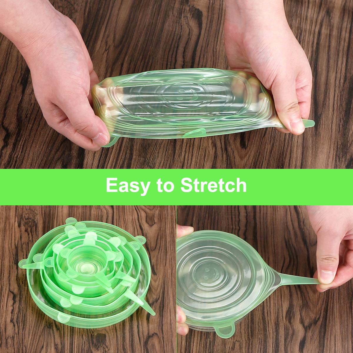 ONEGOL Silicone Stretch Lids, 12 Pack Silicone Lids, 6 Sizes BPA-free Silicone Bowl Covers Reusable for Cups, Bowls and Dish, Flexible, Round and Rectangle Fit 2.6” - 8.2” Container, Green & Blue