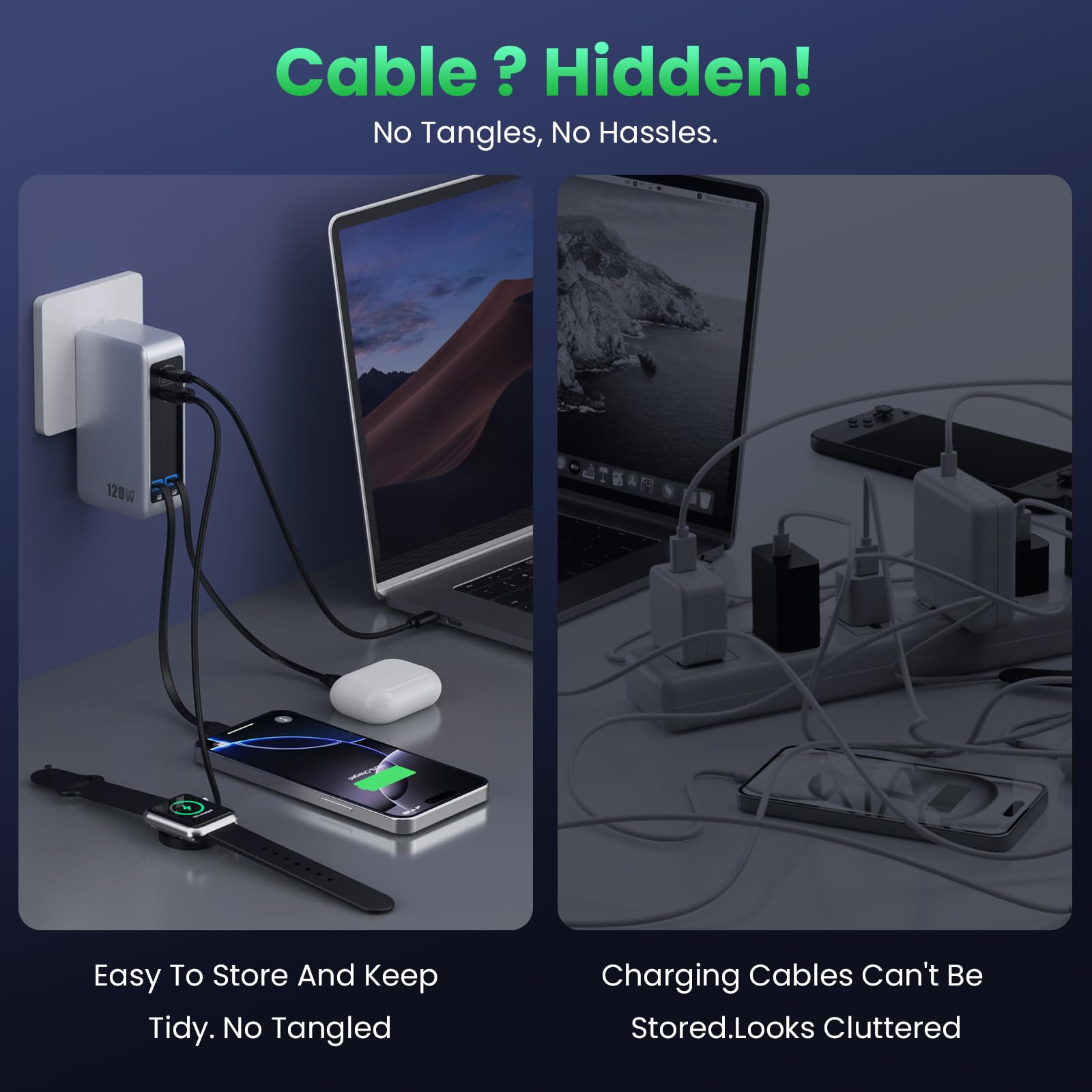 120W USB C Charger Block with 2 Built-in Retractable Cables,4-in-1 GaN IV Foldable Plug Wall Charger Fast Charging Station,PD 65W Laptop Adapter for Macbook/iPad,iPhone 16/15/14,Galaxy S24,Android etc