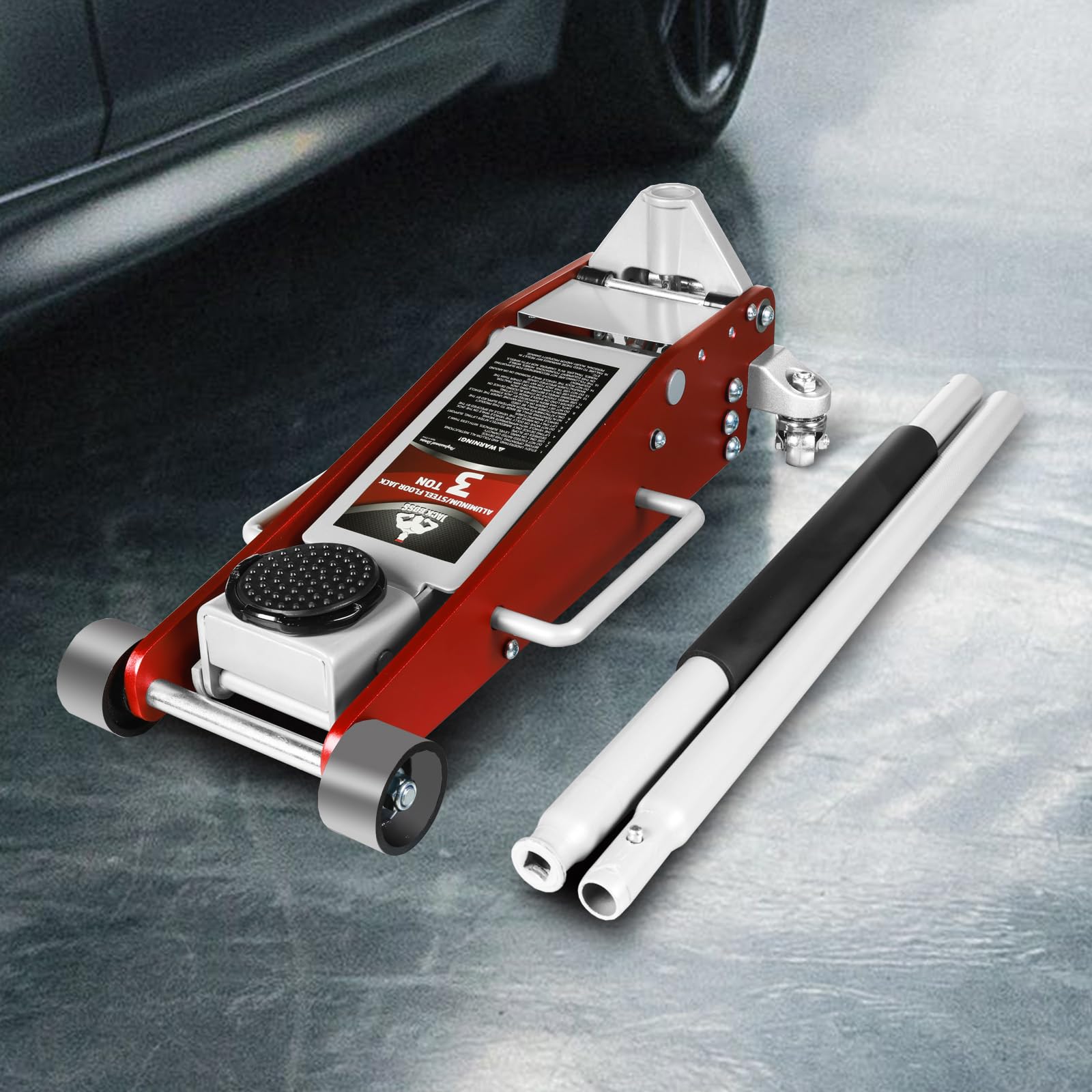 Jack Boss 3 Ton Low Profile, Aluminum and Steel Racing Floor Jack with Dual Pistons Quick Lift Pump for Sport Utility Vehicle, Lifting Range 3-15/16" min to 18-5/16" max, Net Weight 58.5 lb, Red