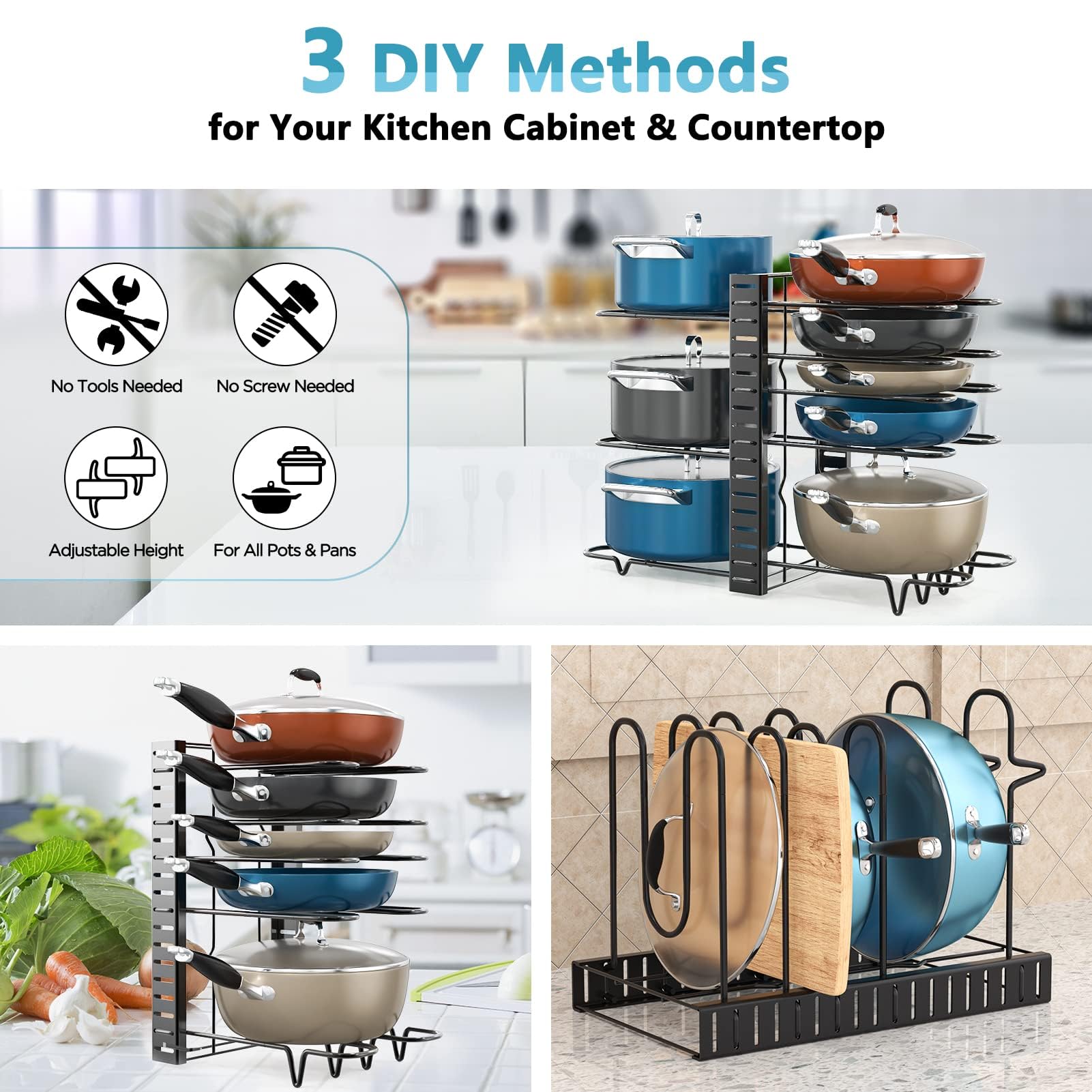 ORDORA Pots and Pans Organizer for Cabinet 16.61 Height, 8 Tier Pot Organizers Rack with 3 DIY Methods, Adjustable Pan Organizer under Cabinet Kitchen Organization and Storage