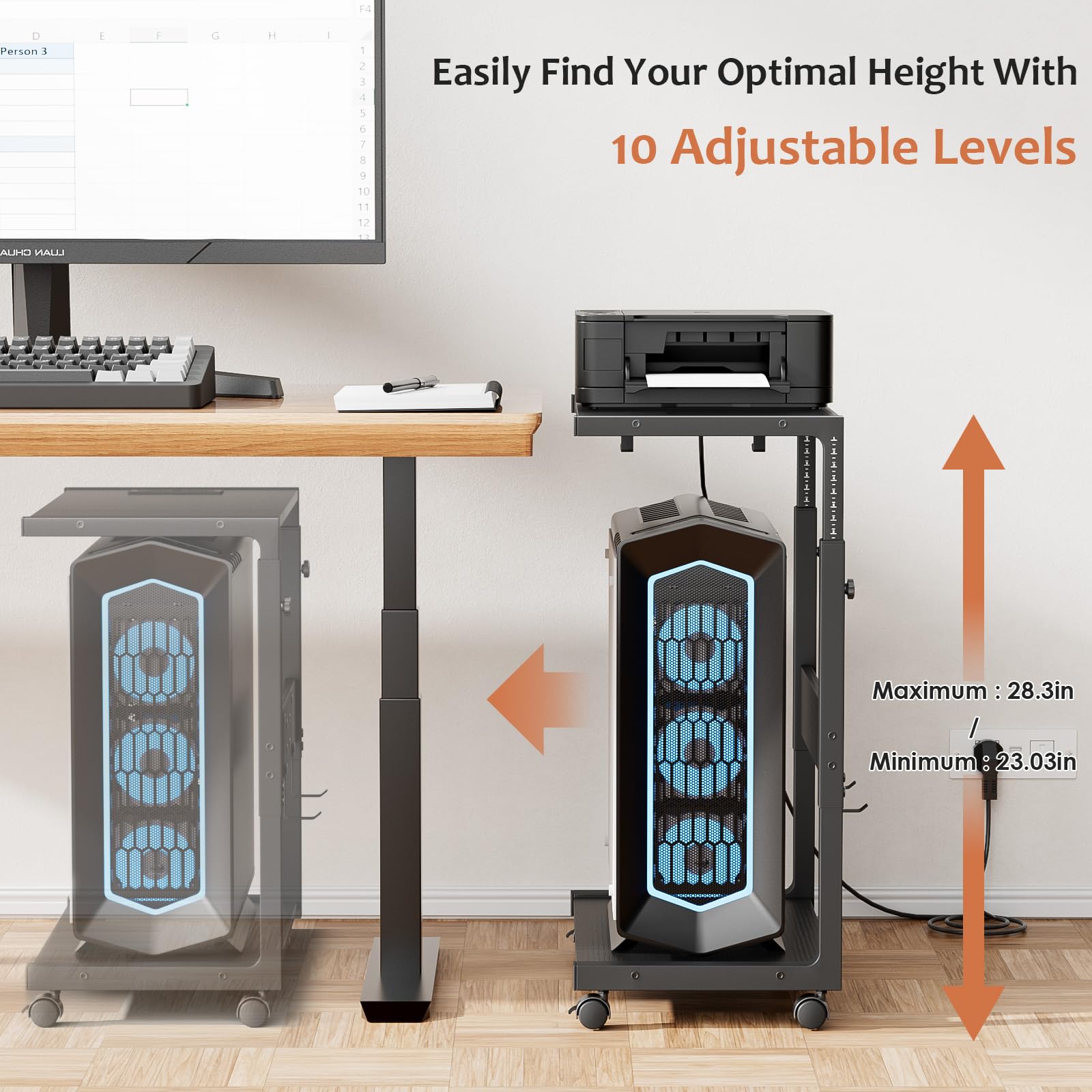 JANE EYRE Computer Tower Stand - Adjustable PC Tower Stand CPU Holder Cart with Charging Station for Office Home Classroom,23.03"-28.3" H, black