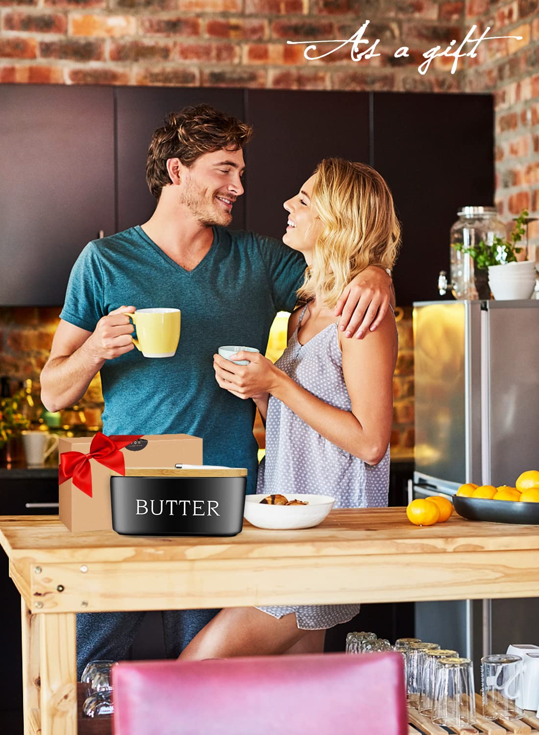 Butter Dish with Lid, Large Butter Dish for Countertop, Ceramic Butter Keeper Container with Knife and High-Quality Silicone Sealing Butter Box for Home Decor Good Kitchen Gift Black