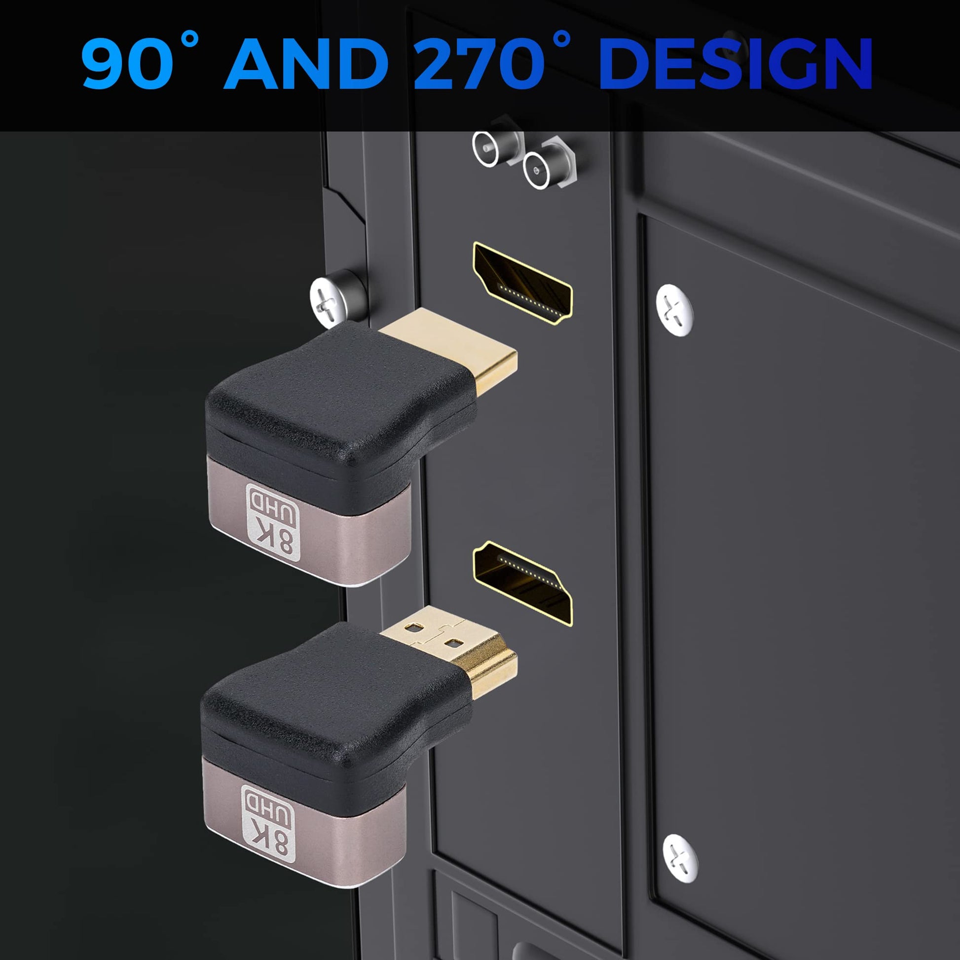 8K 90 Degree HDMI 2.1 Adapter 2 Pack, (Up and Down) Right Angle HDMI Male to Female HDMI L-Shaped Connector Extender Support 8K@60Hz,4K@120Hz for Google Chrome Cast, Roku Stick, Wall TV, Laptop and PC