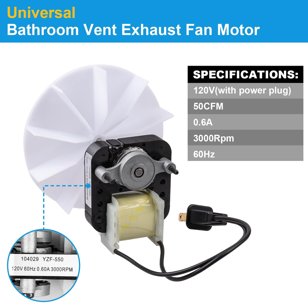 Siasky Universal Bathroom Vent Exhaust Fan Motor Replacement Motors Kit, Fit for Nu-Tone Br-oan Exhaust Vent Fan Motor 120V 50CFM, with Blower Wheel