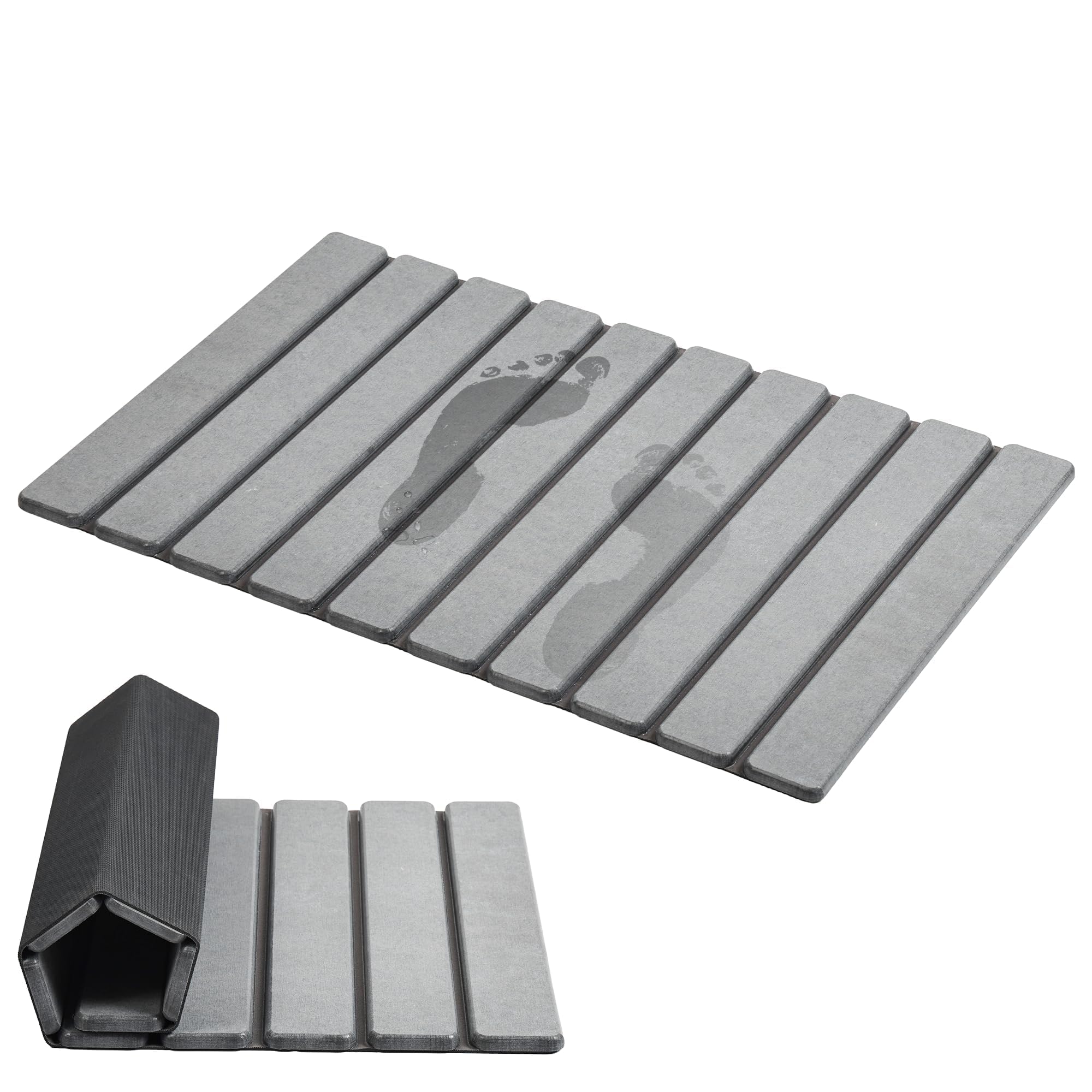 AWW Foldable Stone Bath Mat, Super Absorbent Diatomaceous Earth Mats, Non-Slip 23.6 x 15.5 Inch Quick Drying Mat, Compact and Easy to Store Bath Mats for Bathroom, Easy to Clean, Grey