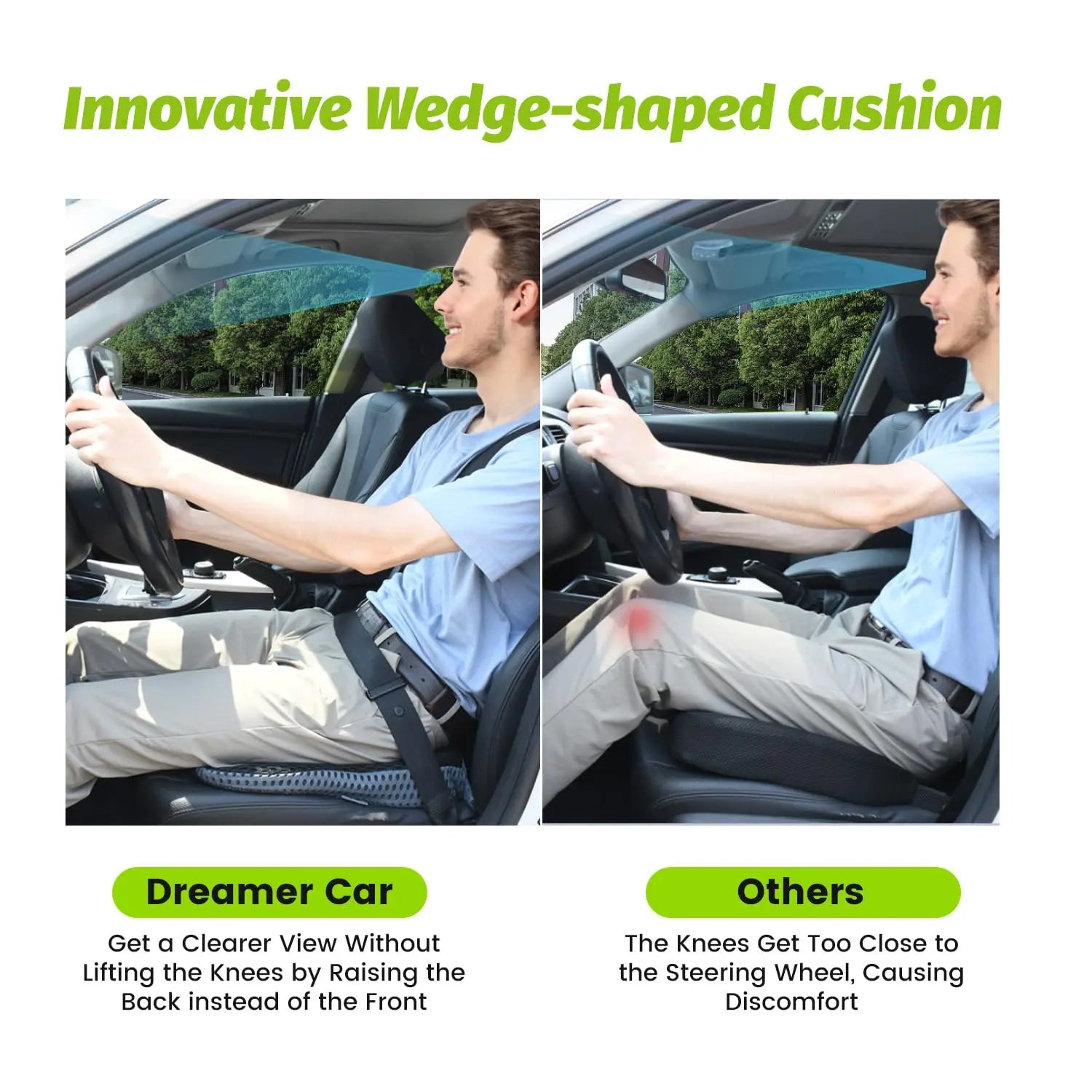 Soft Dense Memory Foam Car Seat Cushion for Driving - Seat Cushion for Car Seat Driver with Wedge Design & Raised Back to Broaden Vision, Provides Comfort for Lower Back & HIPS (Passenger Use Too)